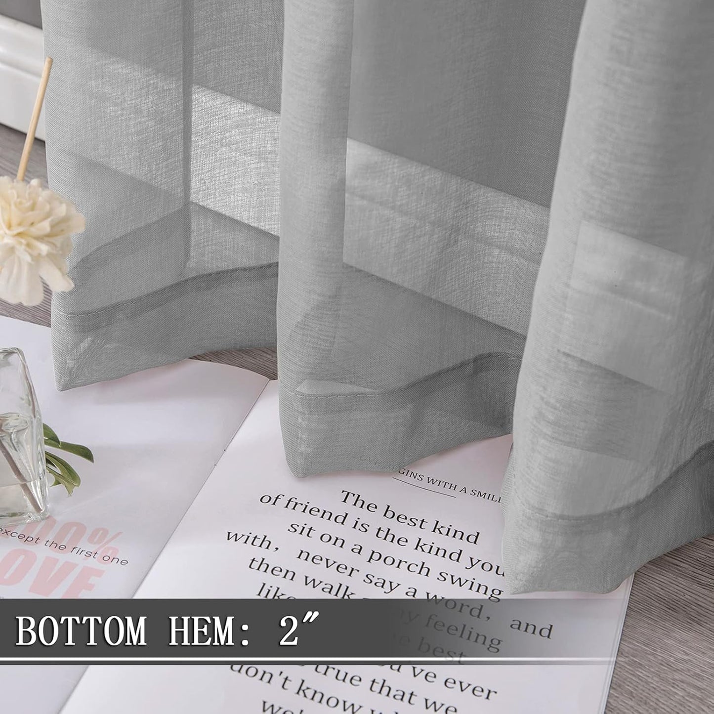 Tollpiz Sheer Curtains Bedroom Linen Textured Curtain Sheers Light Filtering Voile Rod Pocket Curtains for Living Room, 38 x 84 inches Long, Silver Grey, Set of 2 Panels