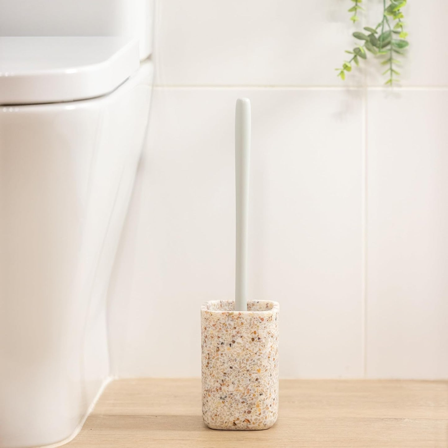 Vigar Zense Toilet Brush and Holder Set, Toilet Bowl Brush with Polyresin Stone Holder, Bathroom Sets for Bathroom Decor and Accessories, Terrazzo