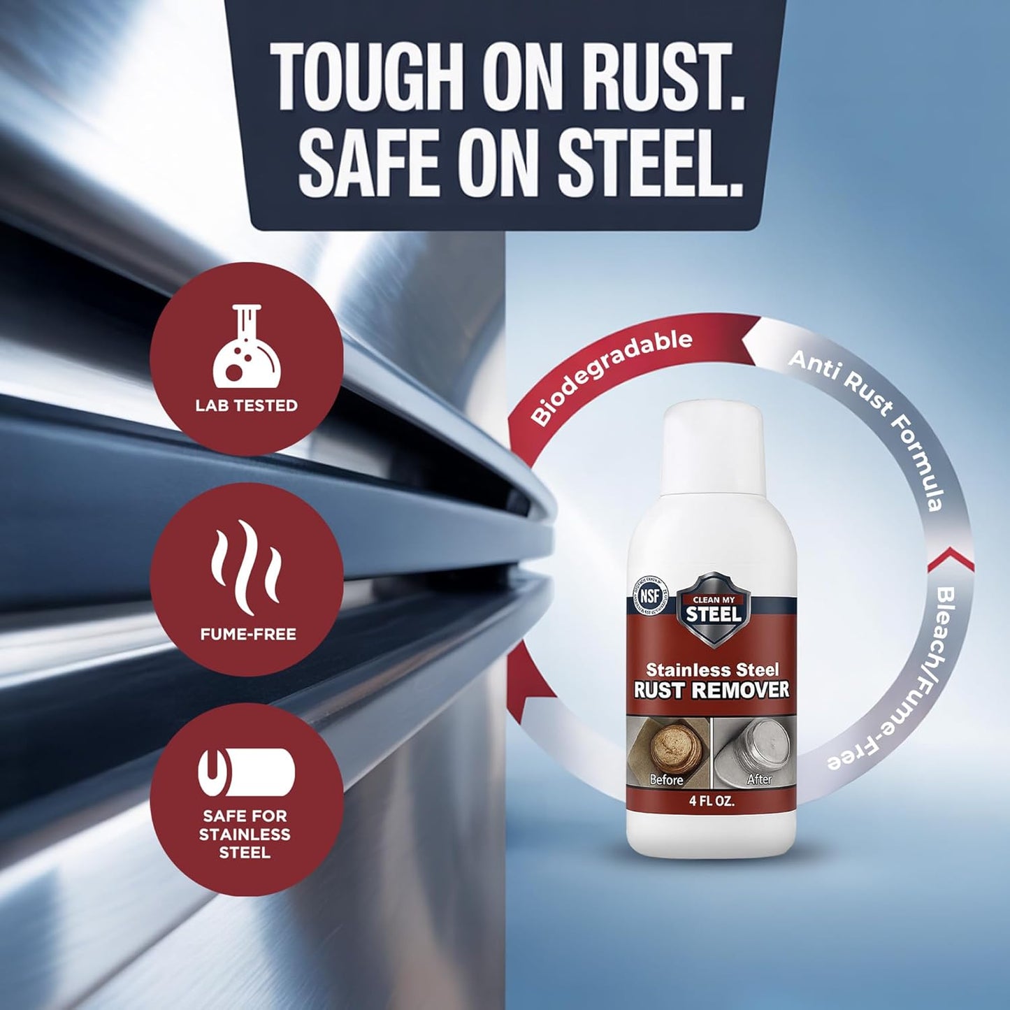 CLEAN MY STEEL Professional Stainless Steel Rust Stain Remover and Cleaner | NSF Approved | Non-Toxic & Food Safe | Quickly Cleans Commercial Equipment, Appliances, Grills, Sinks, and Tools – 4 oz