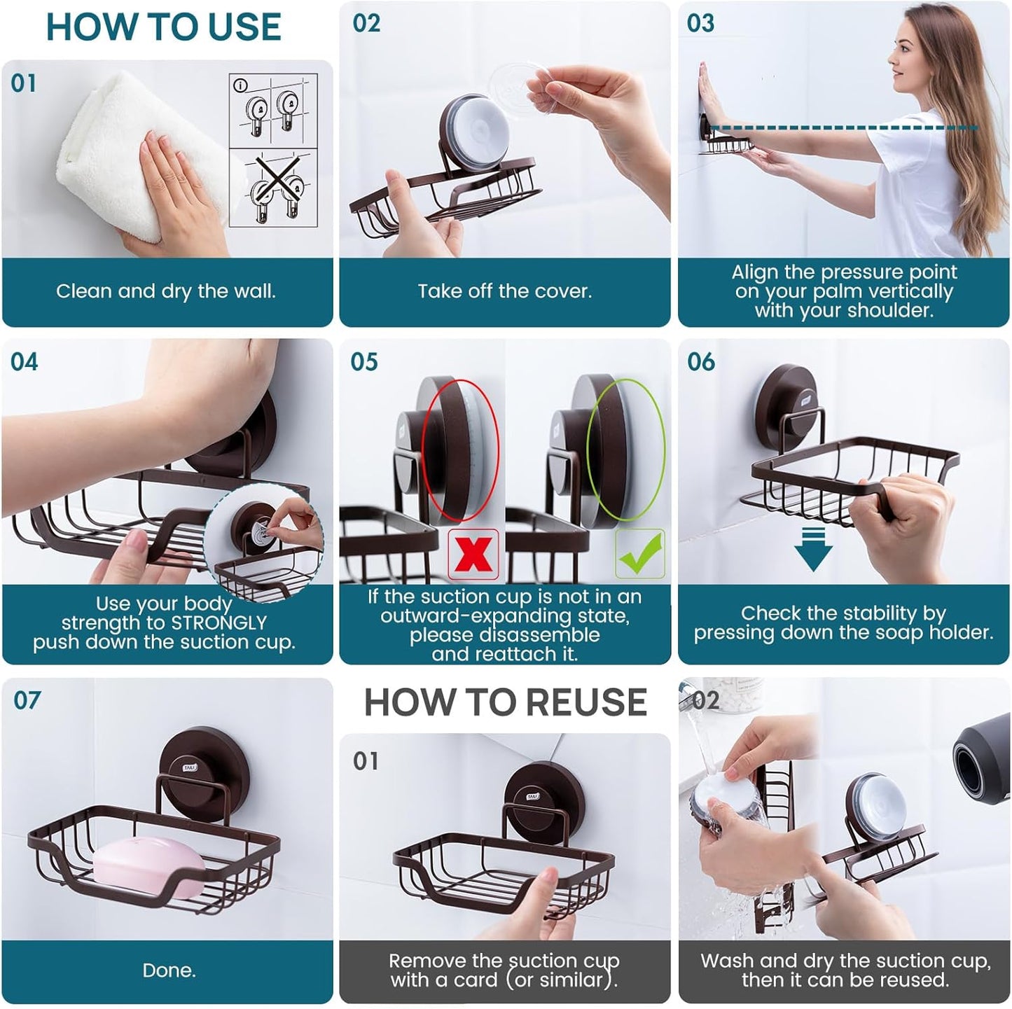 TAILI Soap Holder Bar Dish Suction Cup, Bar Shampoo Rack for Shower Wall, Draining Soap Saver Tray for Bathroom, Rustproof Stainless Steel Sponge Holder for Tub, Kitchen, Drill-Free, Brown