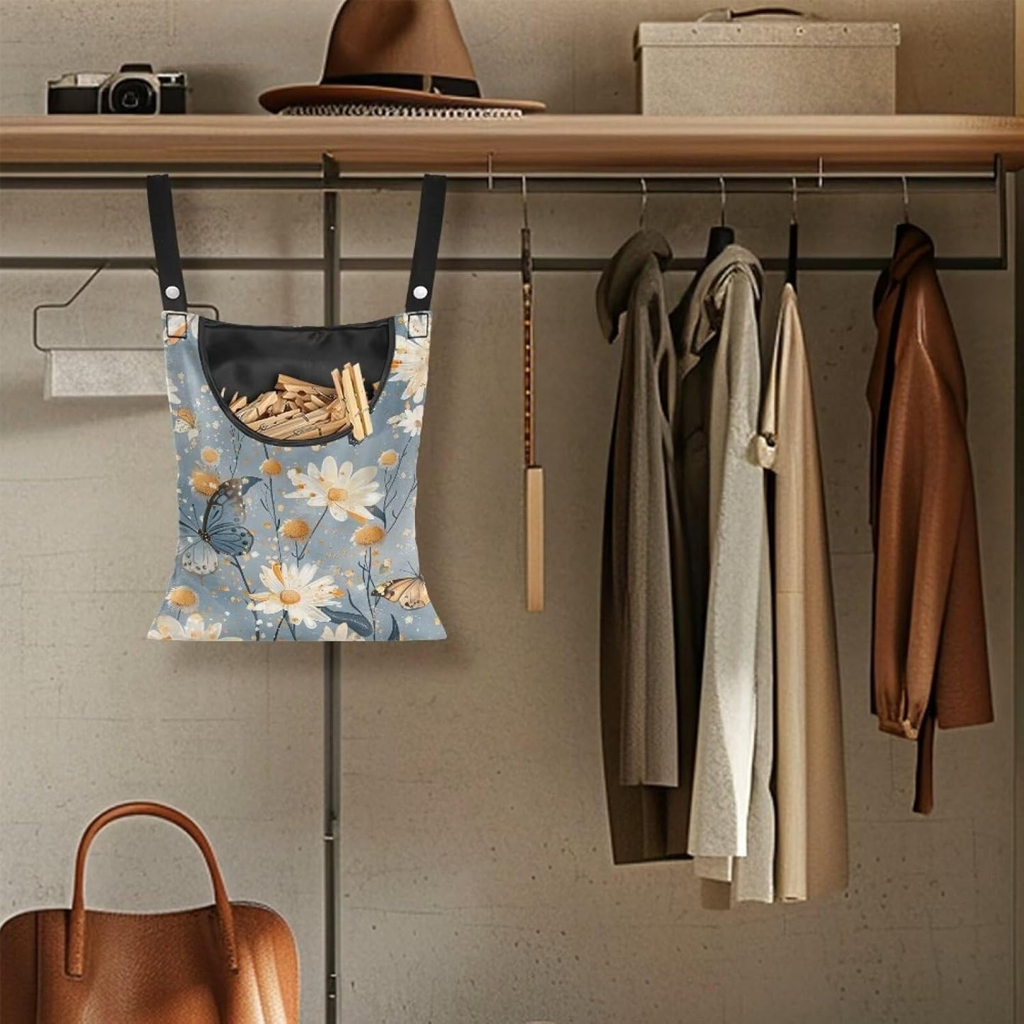 Butterfly Clothespin Bag with Hanging Rope 14.5 x 12 Inch Summer Waterproof Laundry Clothes Pin Holder Clothespin Storage Organizer with Large Opening for Home Outdoor