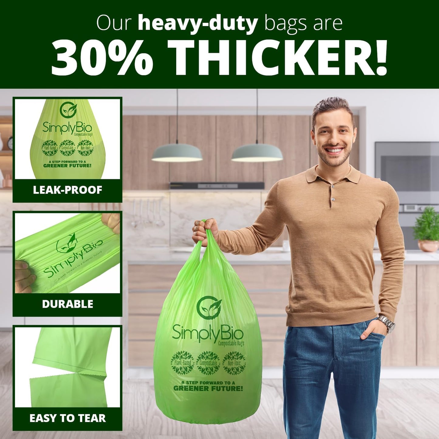 Simply Bio 13 Gallon Compostable Trash Bags Liners with Handle-Tie, Thick 0.87 Mil, 49.21 Liter, 30 Bags, Tall Kitchen Food Scrap Waste Bag, ASTM D6400, US BPI and OK Compost Home Certified