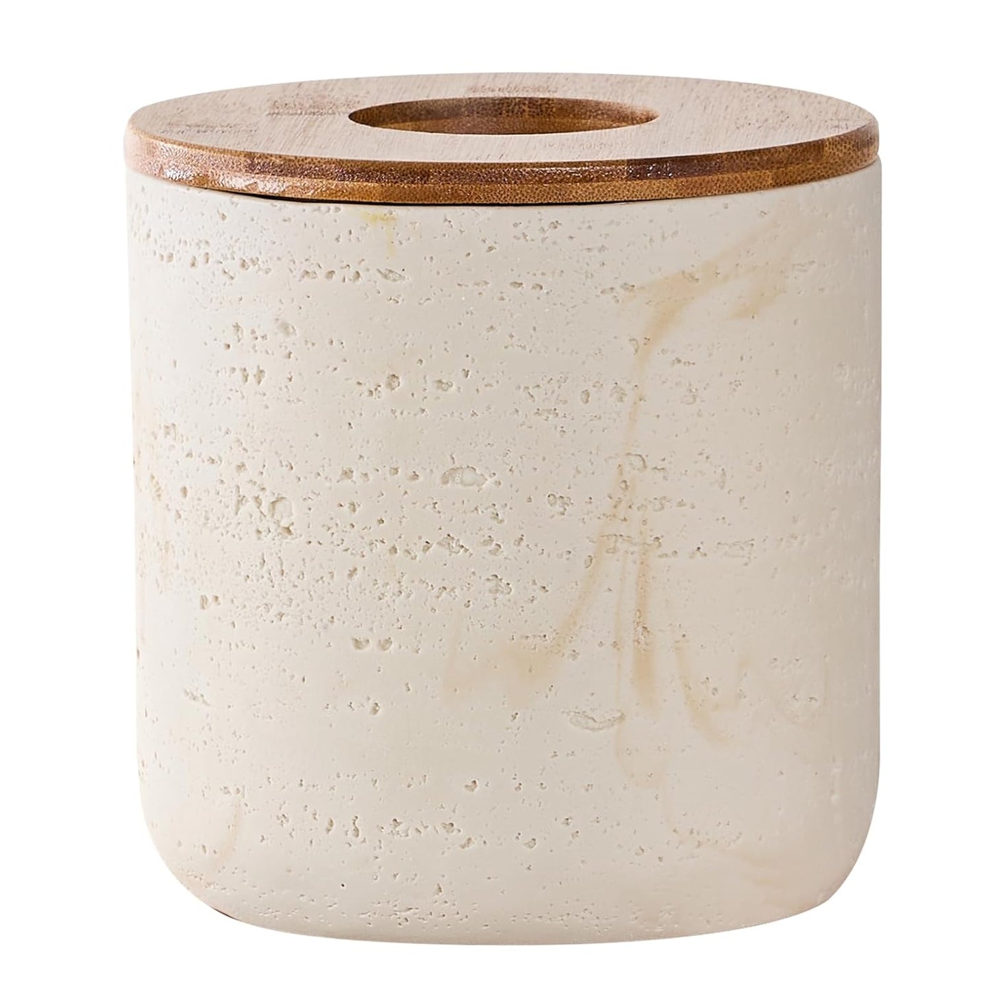 Natural Travertine Textures Beige Mini Trash Can with Bamboo Lid,Small Countertop Trash Can for Bathroom, Kitchen, Vanity, Desk Trash Can,Table Top Mini Garbage Can for Dining Room, Tiny Waste Basket