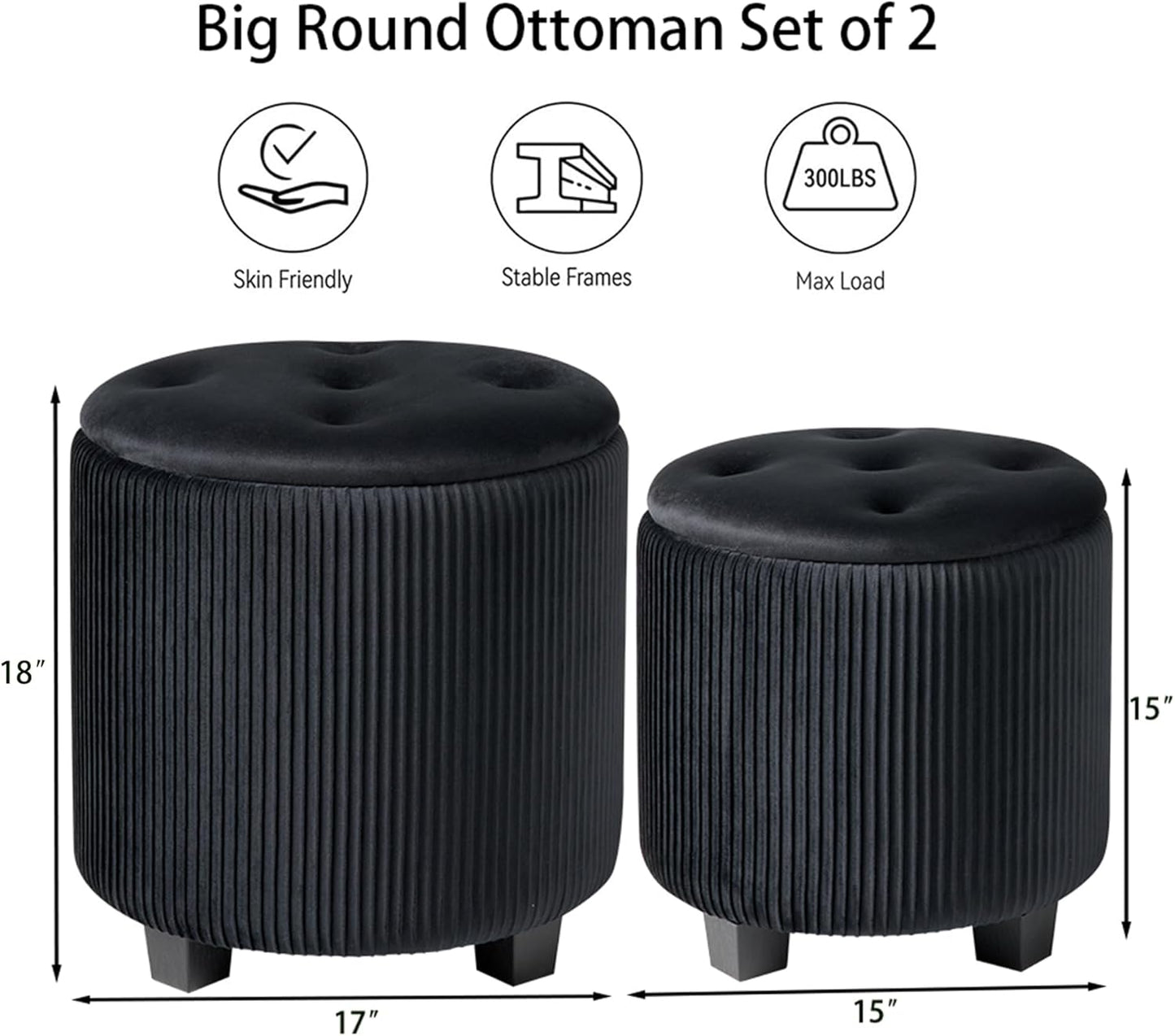 Big Round Ottoman with Storage Set of 2,Upholstered Velvet Vanity Stool for Makeup Multifunctional Foot Rest Coffee Table Padded Seat Tufted Ottomans for Living Room&Bedroom (Black)