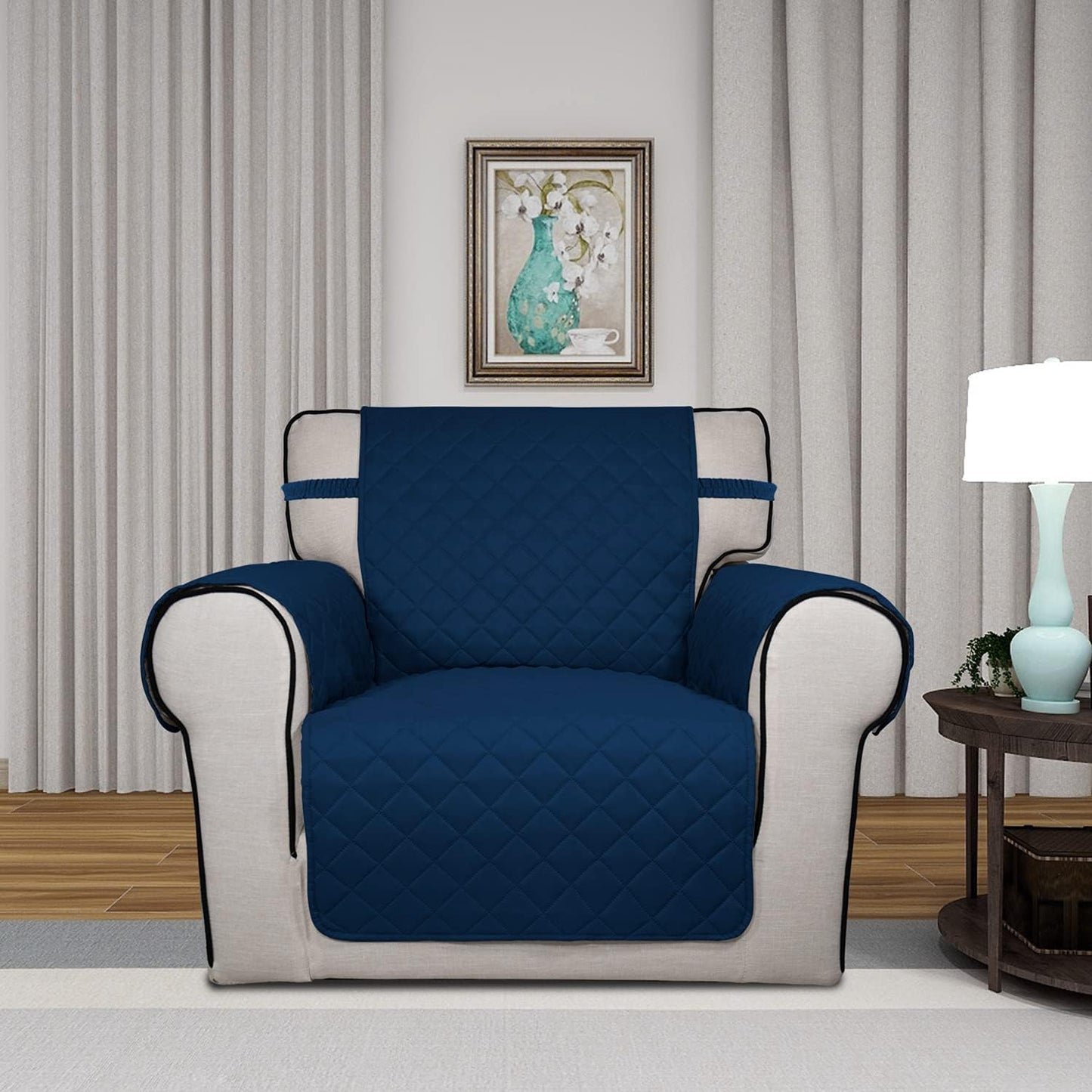 PureFit Reversible Quilted Sofa Cover, Water Resistant Slipcover Furniture Protector, Washable Couch Cover with Non Slip and Elastic Straps for Kids, Pets (Chair, Navy/Navy)