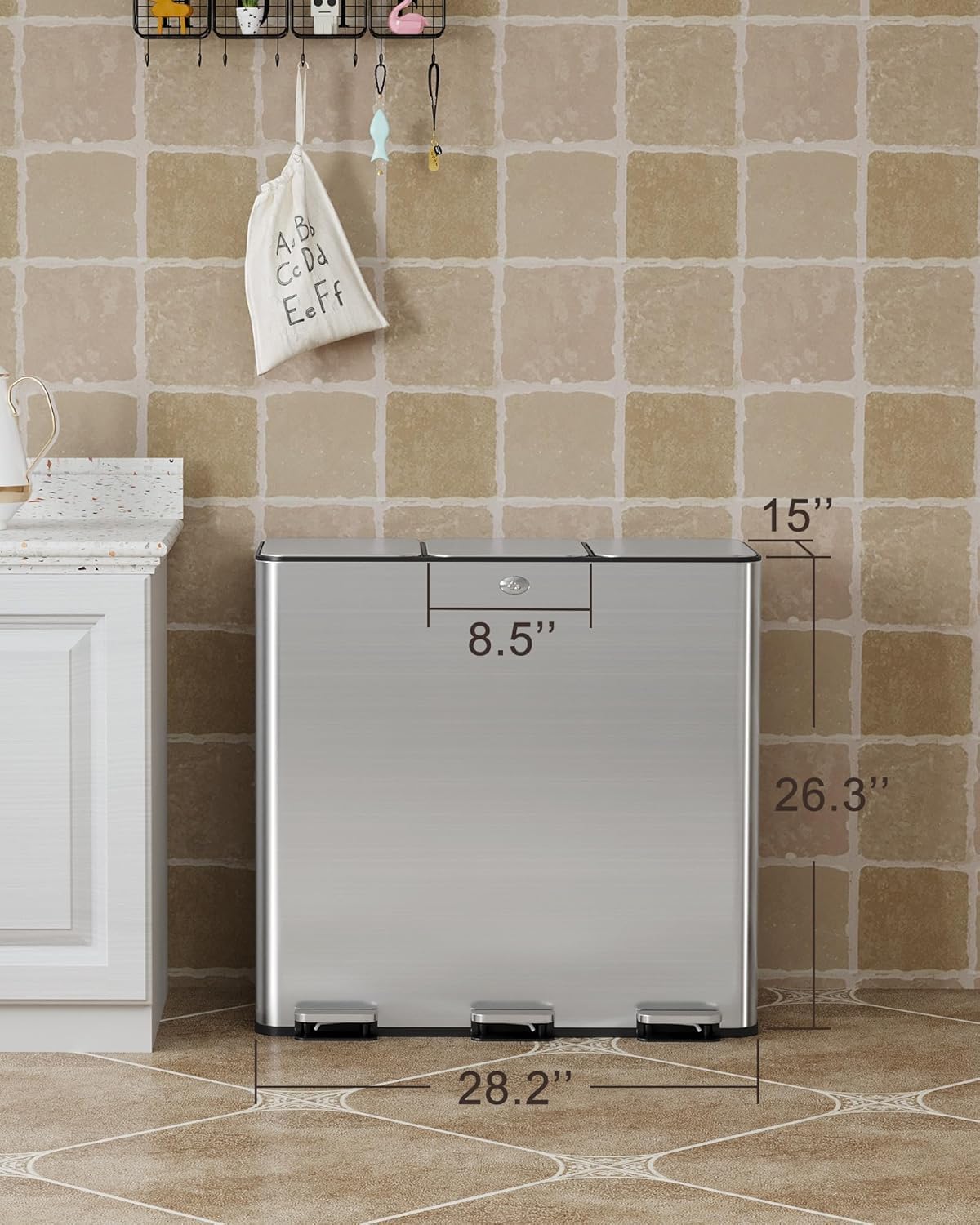 GarveeHome Trash Can 90L/23.8Gal, Three Compartments Pedal Kitchen Recyclingtrash Bin with Lids,Stainless Steel Garbage Can for Home Office Restaurant School Hospital