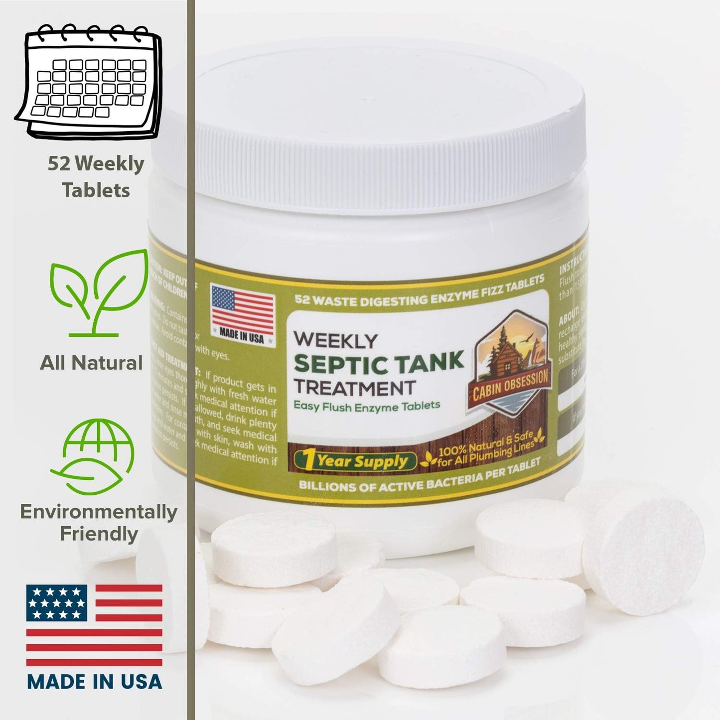 52 Weekly Septic Tank Treatment Fizz Tablets – Easy Flush Bio Toilet Tabs with Billions of Active Bacteria per Tablet – 1 Year Supply - 100% Natural & Safe for All Plumbing & Drain Lines…