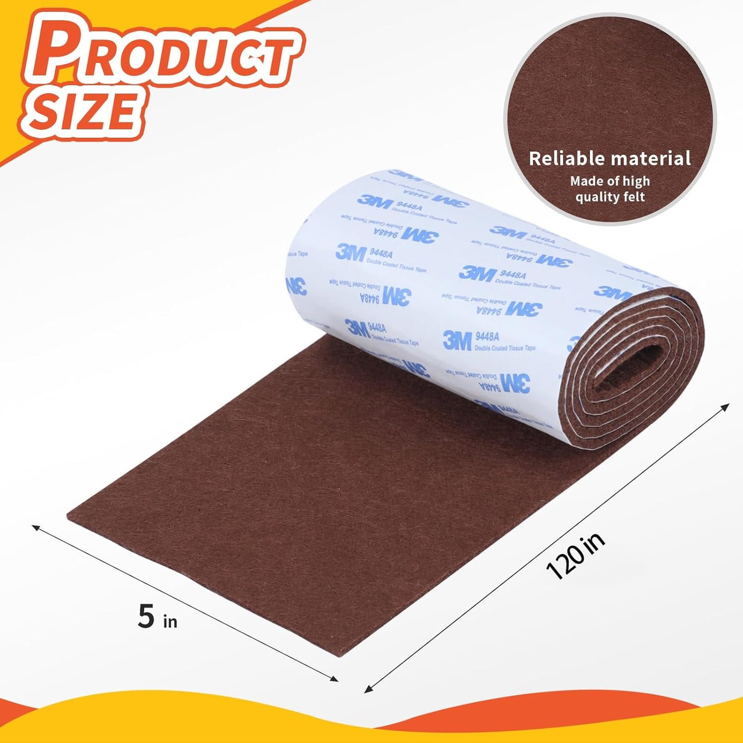 Felt Furniture Pads, Heavy Duty Felts Strip Roll with Adhesive Backing Felt Pads Furniture Feet Cuttable Felts Tape for Protecting Hardwood Floors(5 x 120 x 0.12 Inch, Brown)