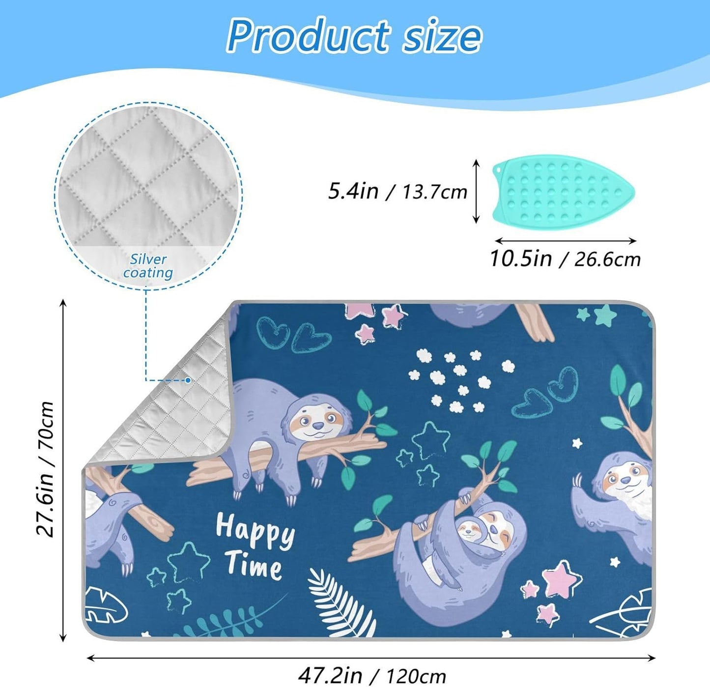 Ironing Mat Thickened Ironing Blanket Travel Portable Double-Side Using Ironing Pad Travel Isolate Heat Pad Cover for Washer Dryer Table Top Countertop (27.6x47.2in) Sloth