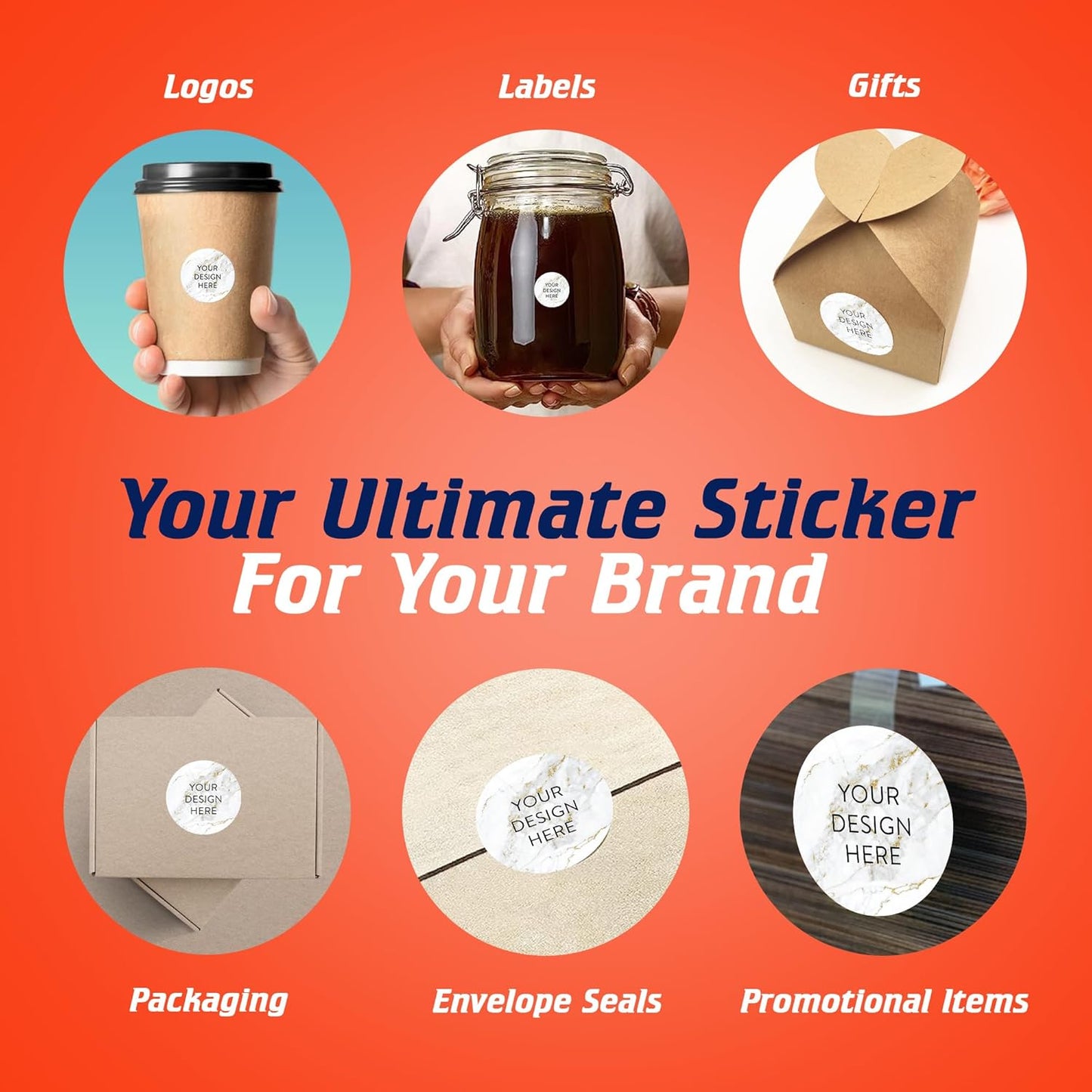 100 Custom Vinyl Stickers - Upload Your own Image, Text, Design, Logo - Personalized Logo Labels for Handmade, Packaging, Bottle, Jars, Candle, Brand Stickers (Gold Marble, 1x1)