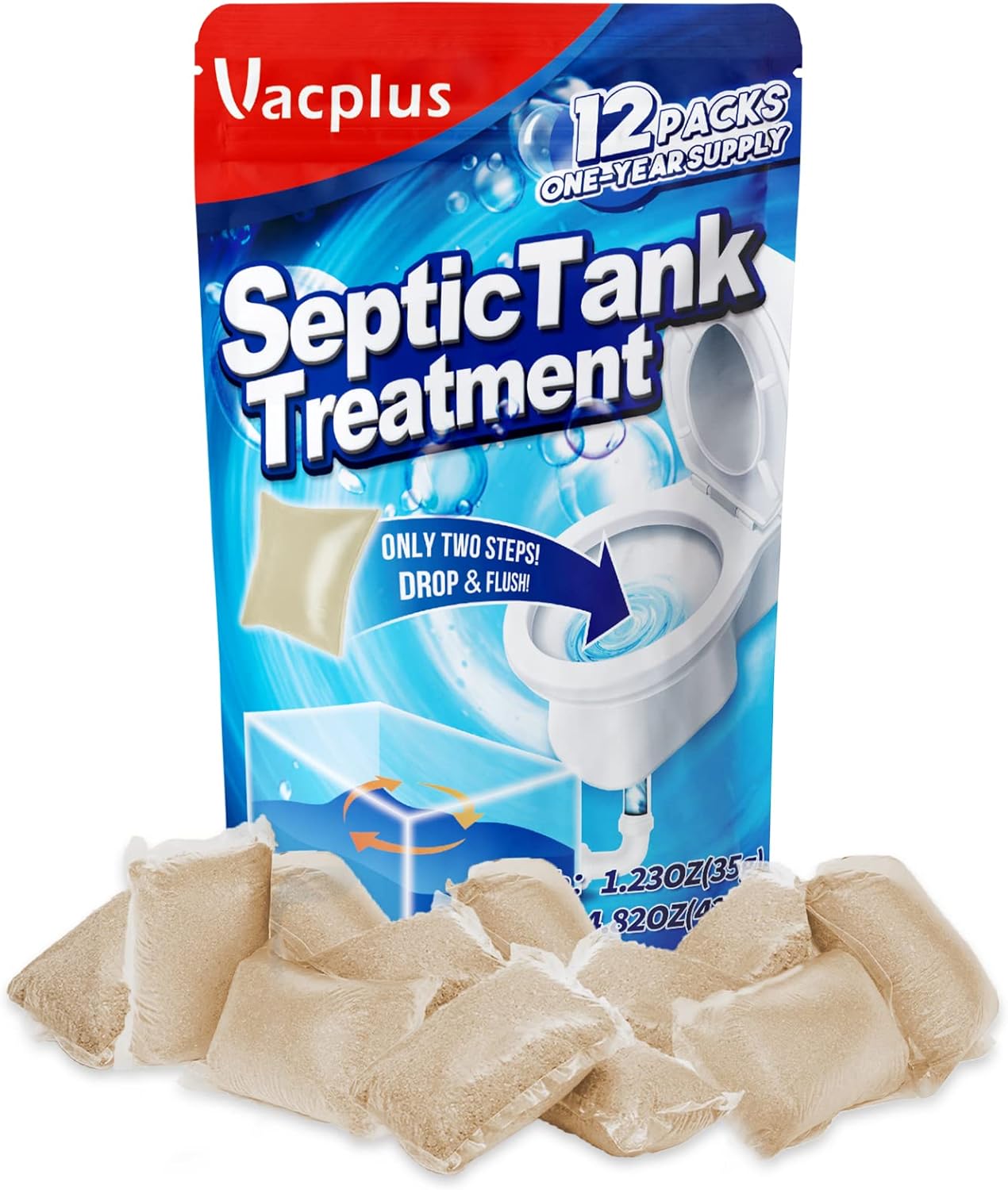 Vacplus Septic Tank Treatment 12 Pcs for 1-Year Supply, Dissolvable Packs with Easy Operation, Durable Biodegradable Enzymes for Wastes, Greases & Odors, Brown, 3x Efficiency