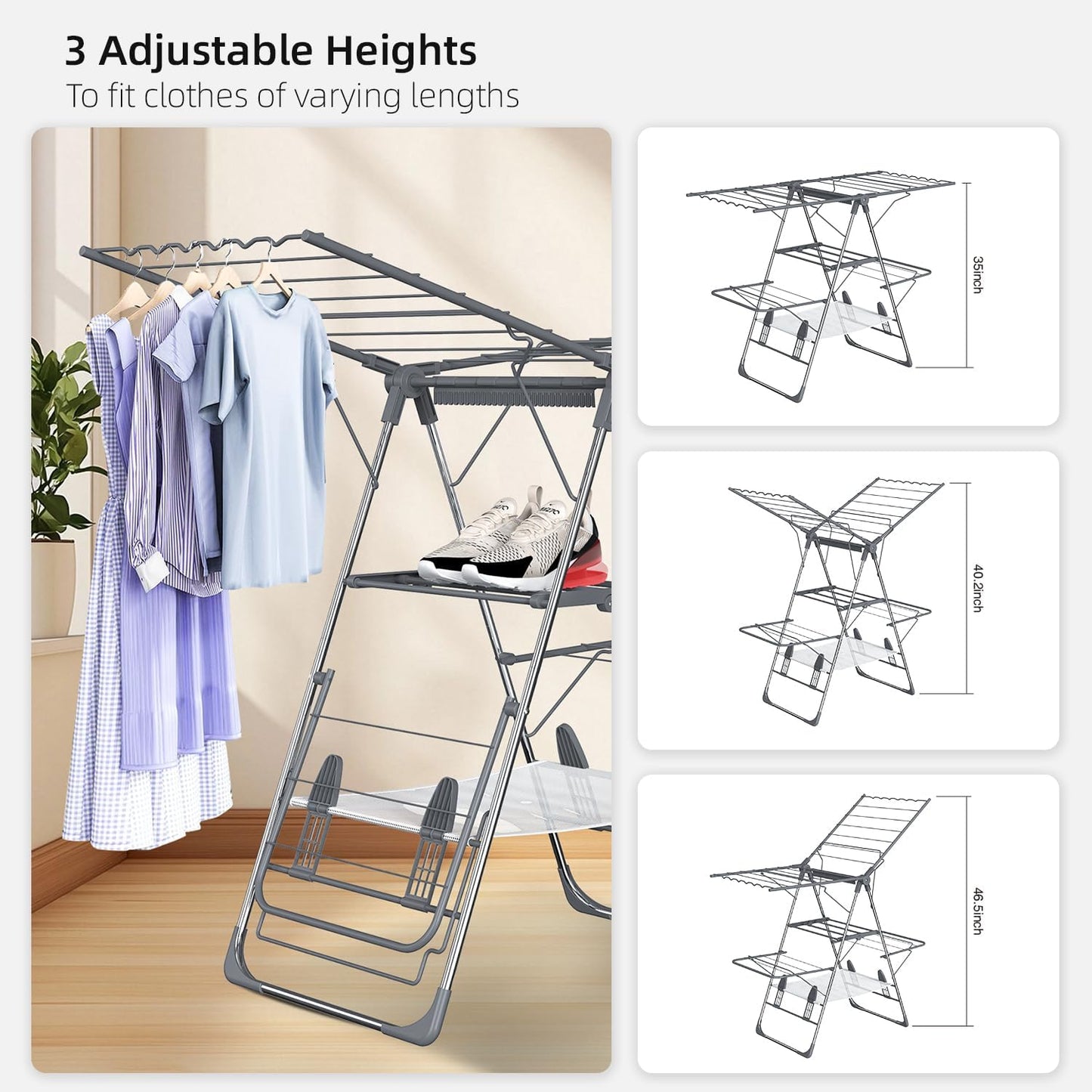 Clothes Drying Rack, Foldable 2-Level Laundry Racks for Drying Clothes Rack,Stainless Steel Drying Rack Clothing Collapsible for Indoor Outdoor,with Height-Adjustable Wings
