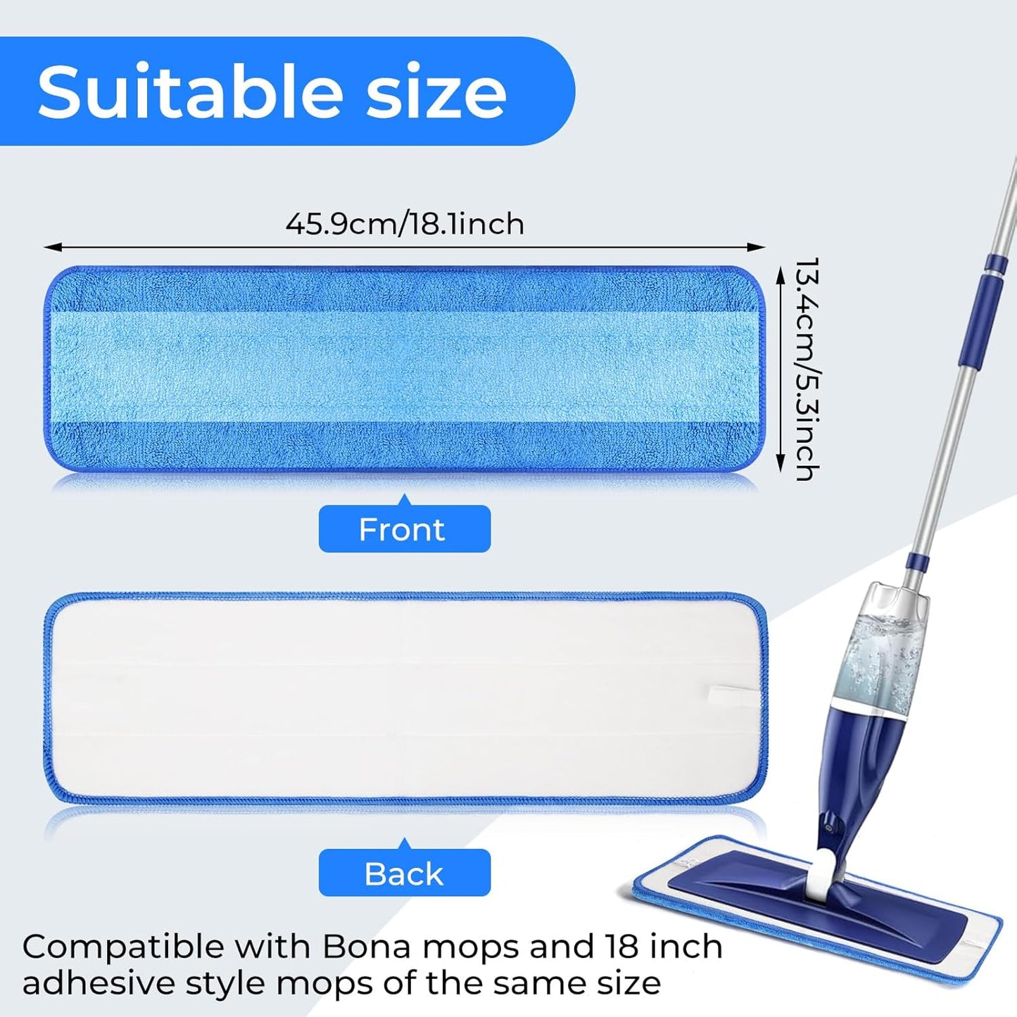 3 Pack Microfiber Cleaning Pads are Compatible with Bona Mop,18 Inch Replaceable Mop Pad Refill,Washable & Reusable Blue Microfiber Mop Pads for Hardwood and Hard-Surface Floors