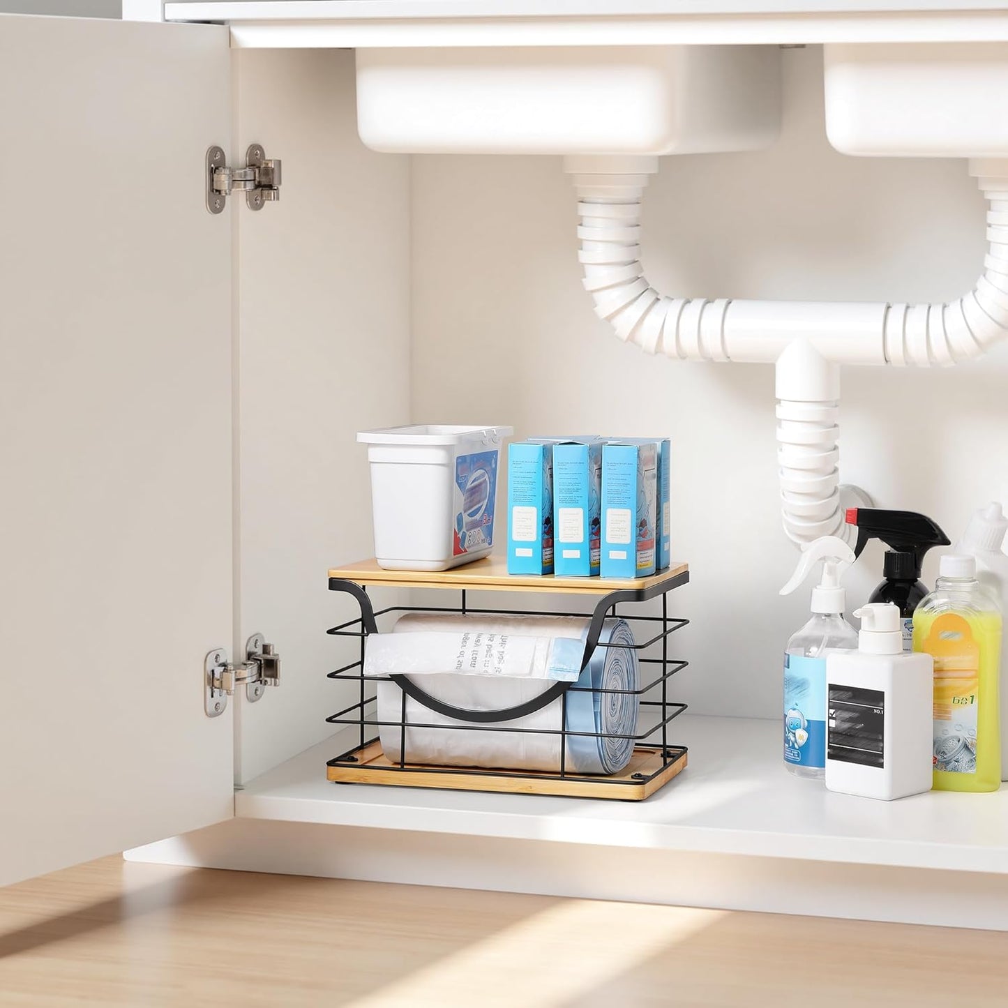 Extra Large Trash Bag Holder Under Sink Organizer Stackable Pantry Organizers and Storage with Lid, Wall Mounted Garbage Bag Dispenser Roll Holder for Kitchen Laundry Room Organization