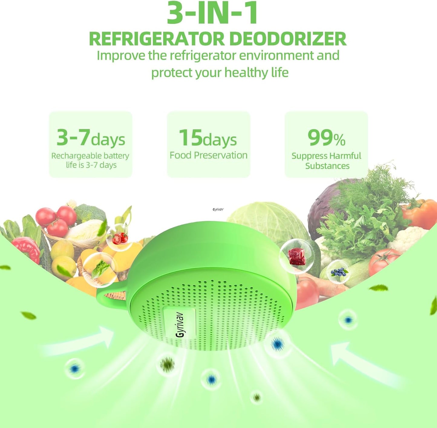 Refrigerator Deodorizer, Rechargeable Deodorizer, Fridge Deodorizer, Air Purifier, Suitable for Refrigerator, Car, Wardrobe, Shoe Cabinet, Better Than Baking Soda and Charcoal（Green）