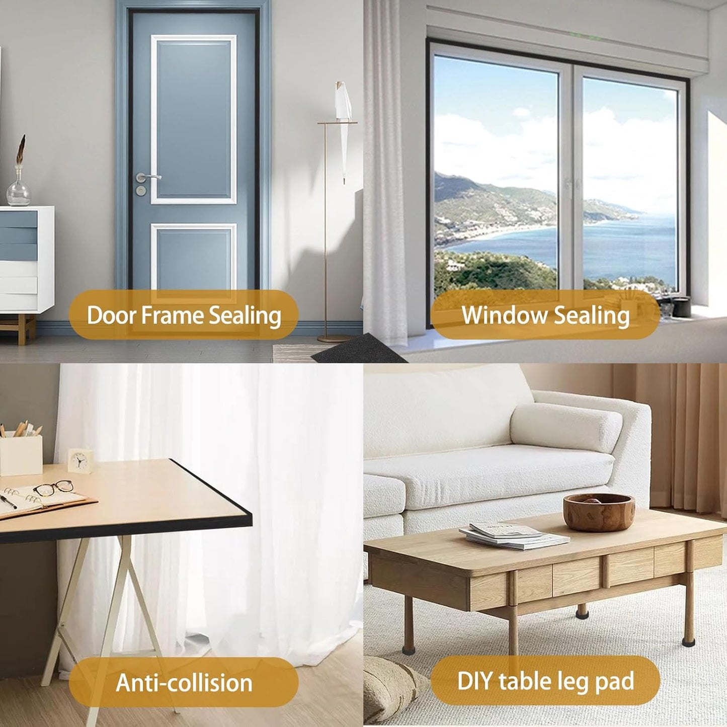 Weather Stripping Door Seal Strips 1/2 in x 1/4 in, Strong Adhesive Foam Insulation Tapes, Soundproof Weatherstrips for Windows Sliding Doors, 2 Rolls Total 52Ft