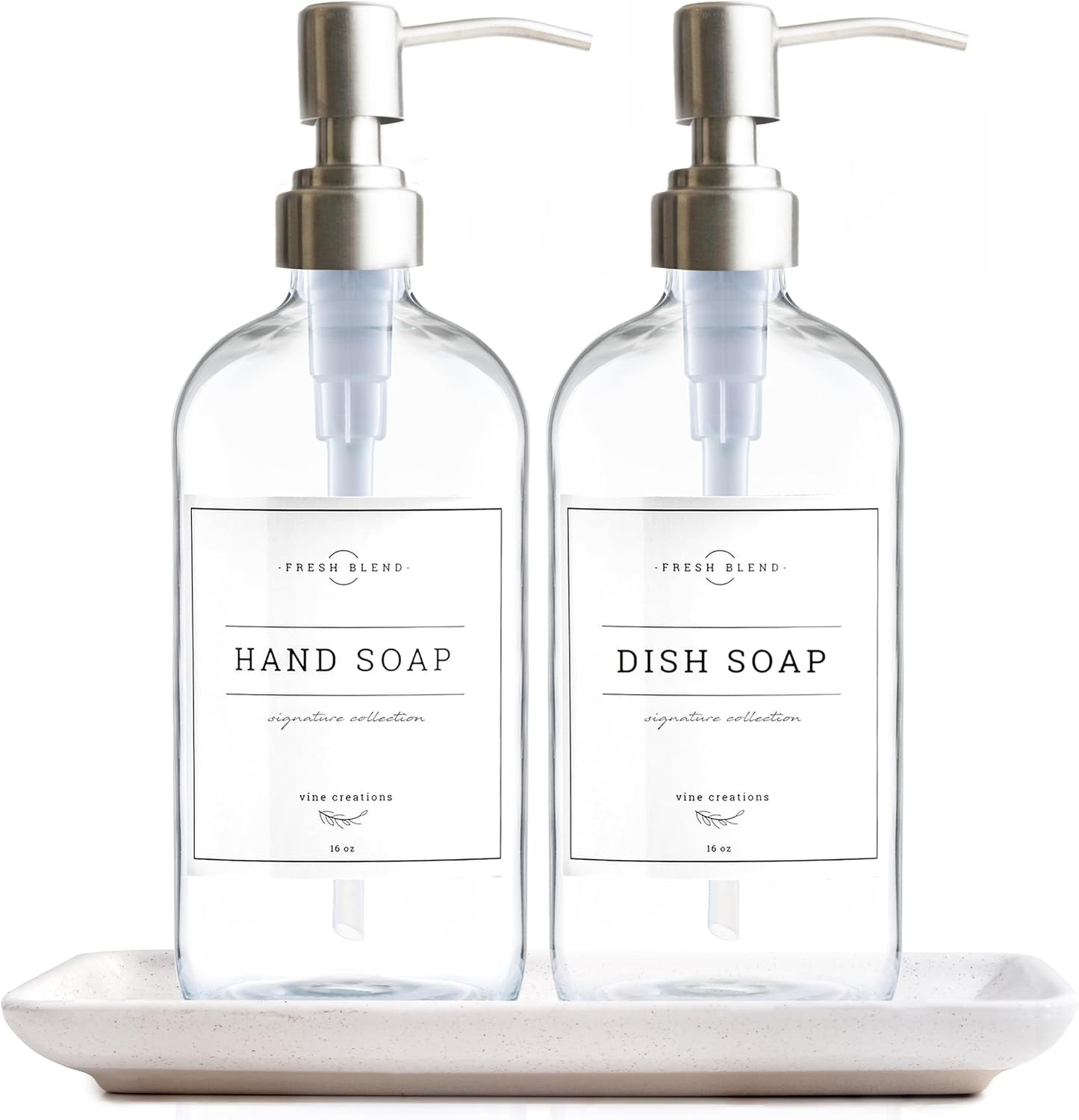 Vine Creations Glass Soap Dispenser, 2 Pack Kitchen Soap Dispenser Set with Ceramic Tray, Stainless Steel Pump, Dish Soap Dispenser for Kitchen, Hand Soap Dispenser Bathroom with Waterproof Labels