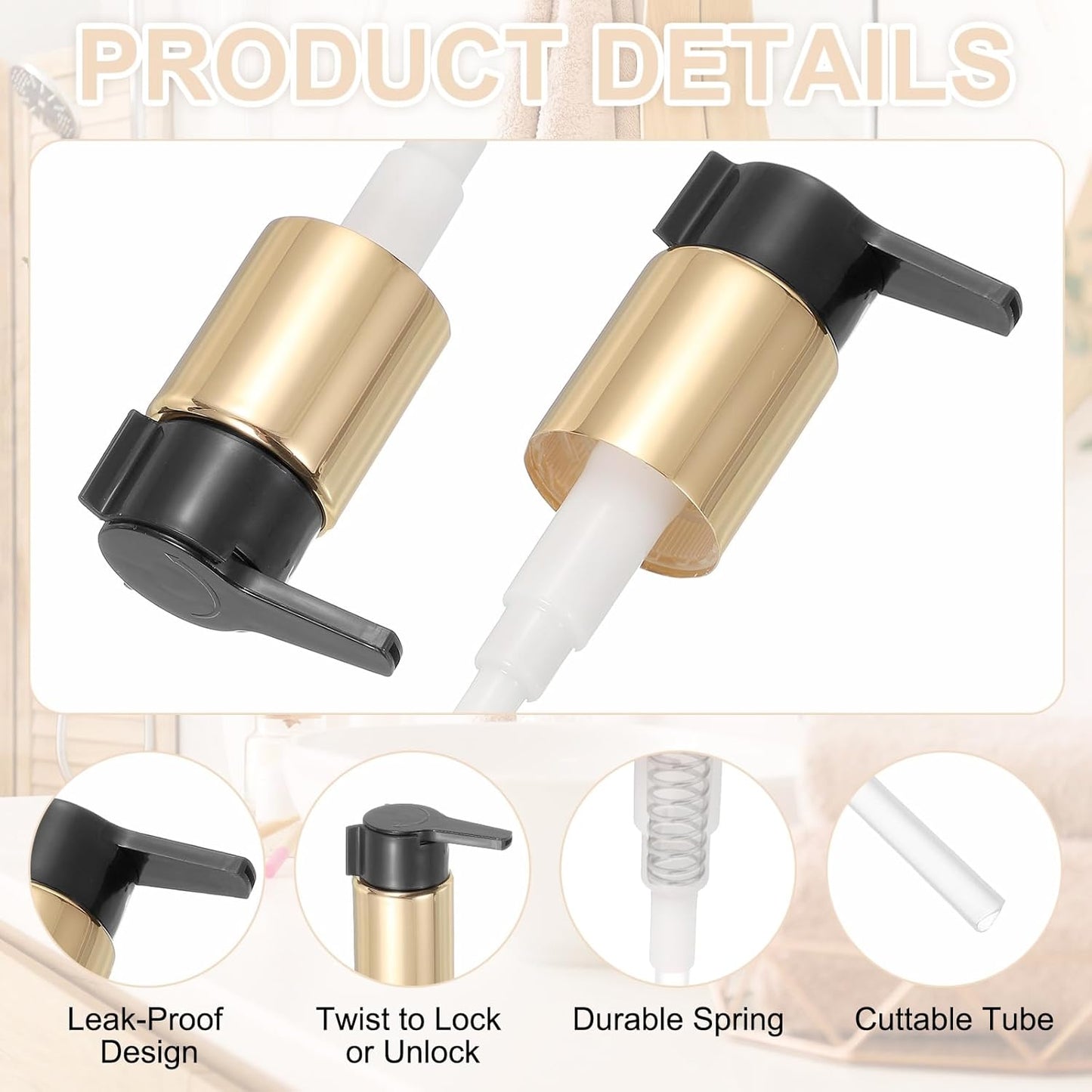 uxcell 4 Pcs Soap Dispenser Pump Heads, Hand Soap Dispensers Top Pumps Replacement Clip-on Pumphead for Standard 24/410 Neck Size Bathroom Lotion Shampoo Bottle, Gold Black