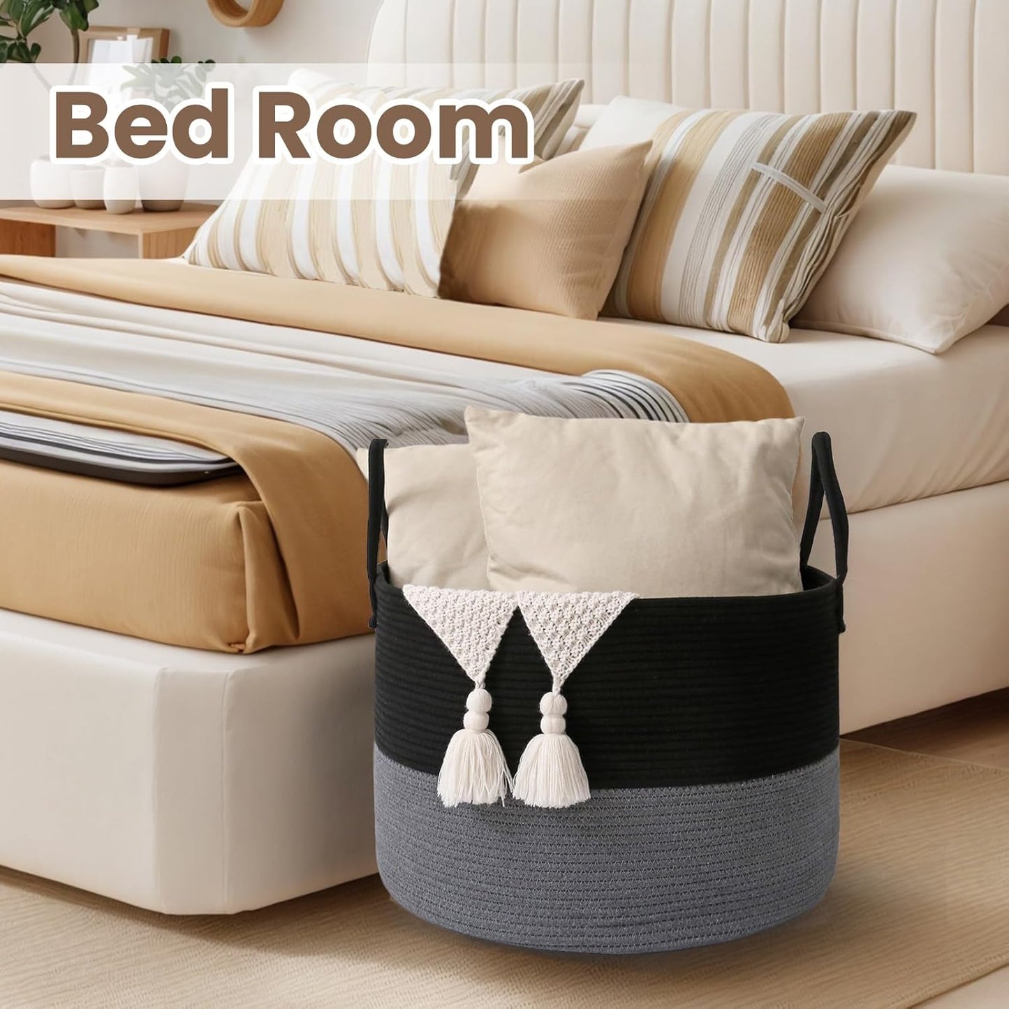 Woven Blanket Basket,115L Large Rope Storage Bin with Handles, Organizer for Blankets Toys Book and Clothes, Laundry Basket for Living Room Bedroom Nursery,Black&Grey