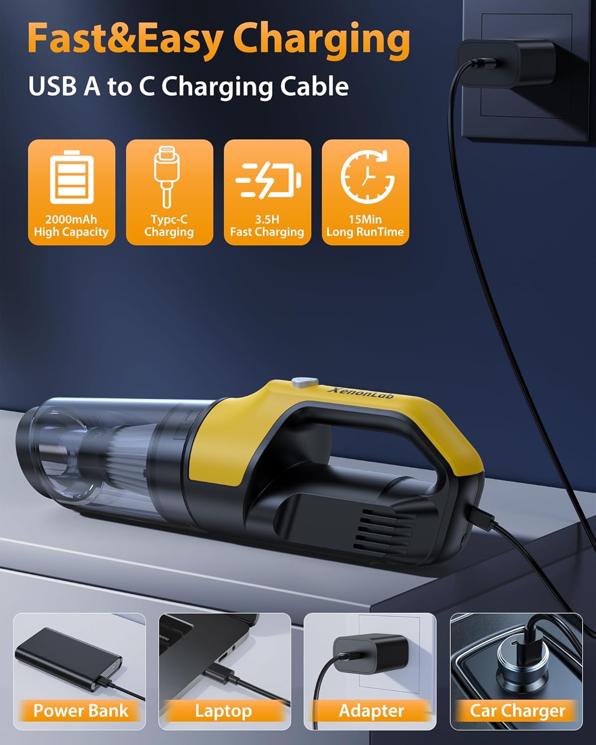 Handheld Vacuum Cordless 1.1 Pounds Car Vac 10000PA Hand Held Vacuums 4-in-1 Hand Vac Cordless Rechargeable HEPA Filter Large Capacity Dust Cup for Car Office Home Pets Hair (Yellow)