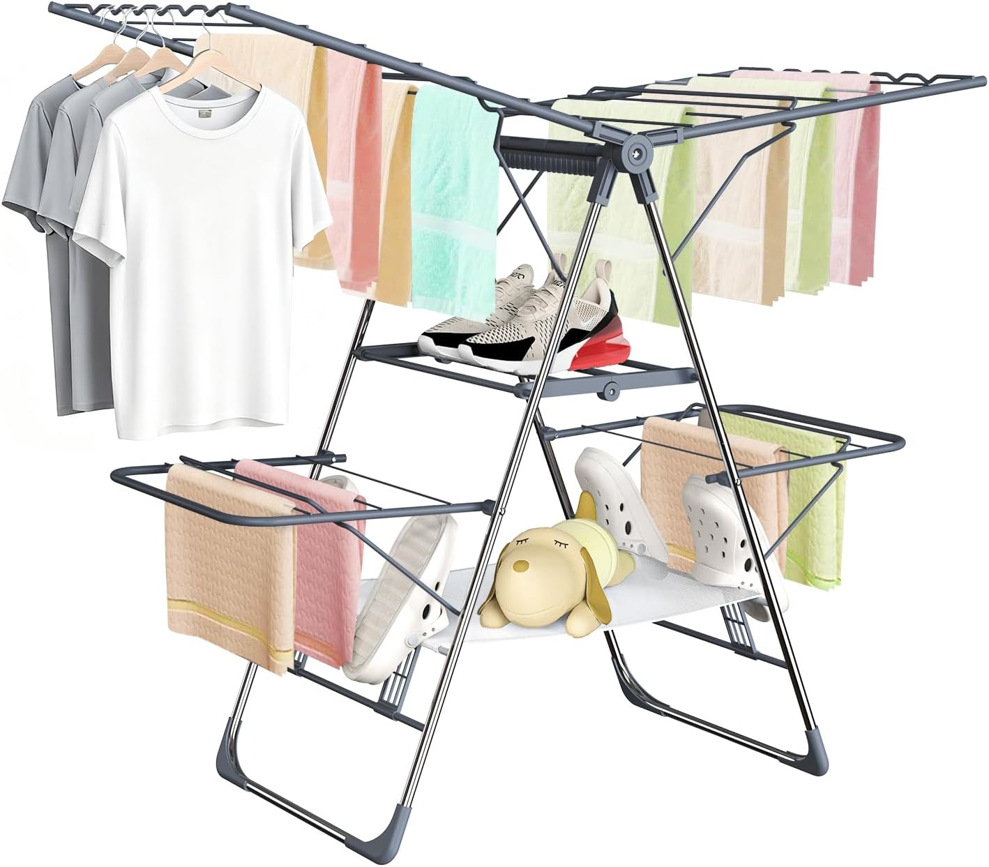 Clothes Drying Rack, Foldable 2-Level Laundry Racks for Drying Clothes Rack,Stainless Steel Drying Rack Clothing Collapsible for Indoor Outdoor,with Height-Adjustable Wings