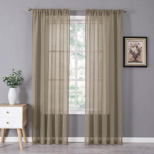 Tollpiz Sheer Curtains Bedroom Linen Textured Curtain Sheers Light Filtering Voile Rod Pocket Curtains for Living Room, 38 x 84 inches Long, Taos Taupe, Set of 2 Panels