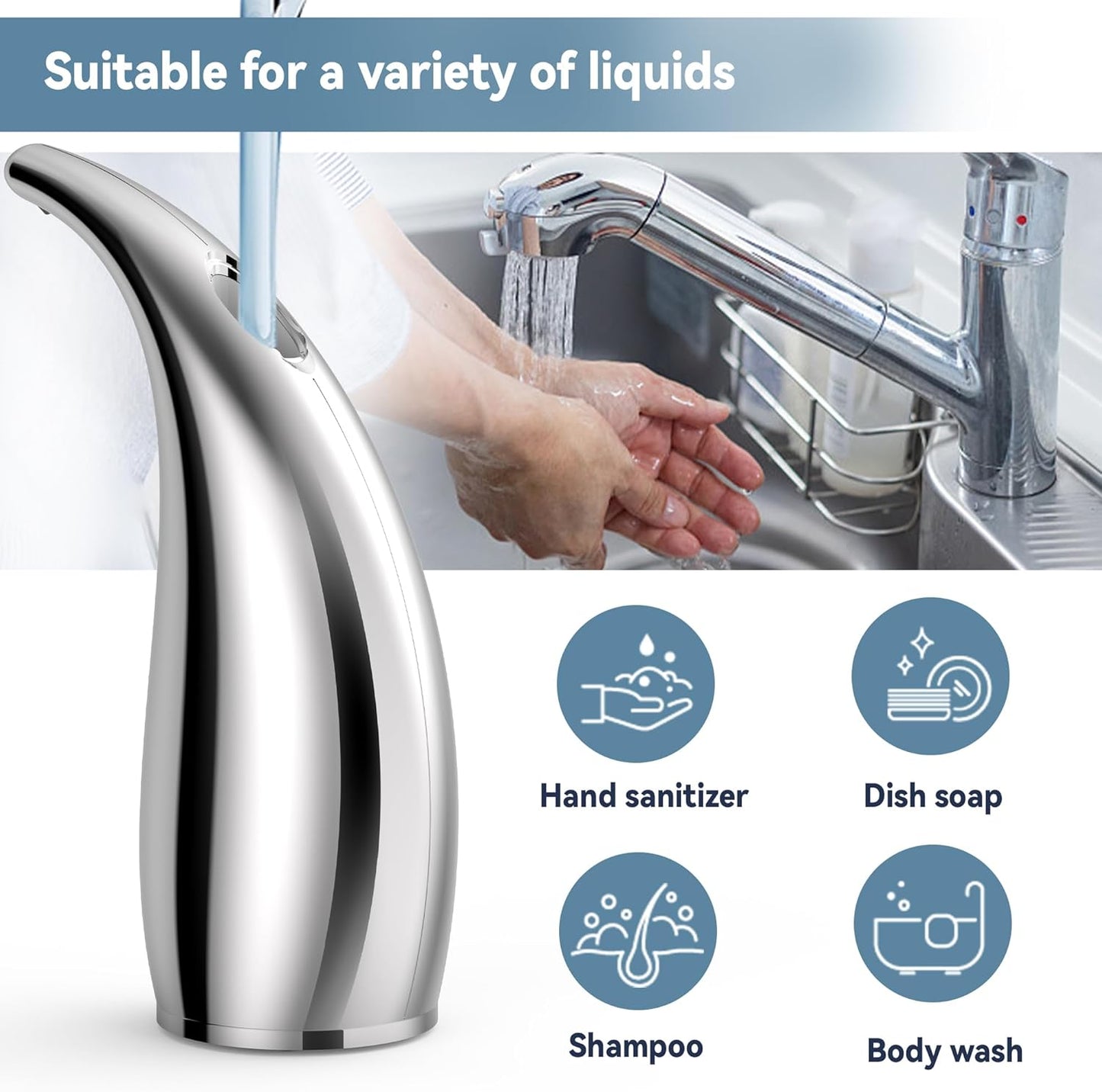 Automatic Soap Dispenser with Infrared Sensor - Adjustable 4-Level Touchless Hand Soap for Kitchen, Bathroom - Battery Operated Electric Dispenser, Durable Plastic, Smart Soap Holder (Silver)