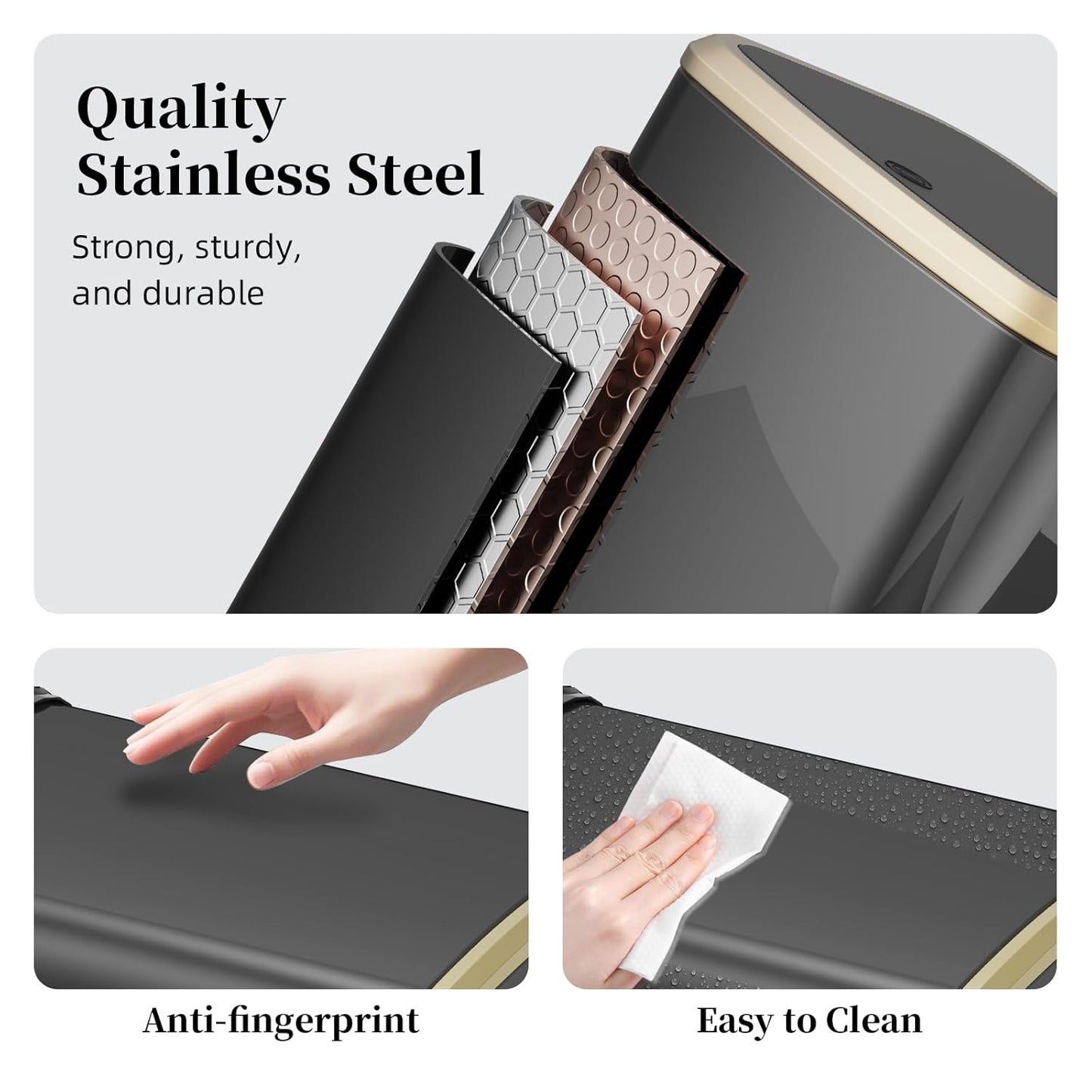 2.1 Gallon Bathroom Trash Can with Lid Press Top, 8 Liter Stainless Steel Garbage Can with Press Type Lid, Slim Trash Bin Waste Basket for Toilet, Office, Bedroom (Titanium Black)