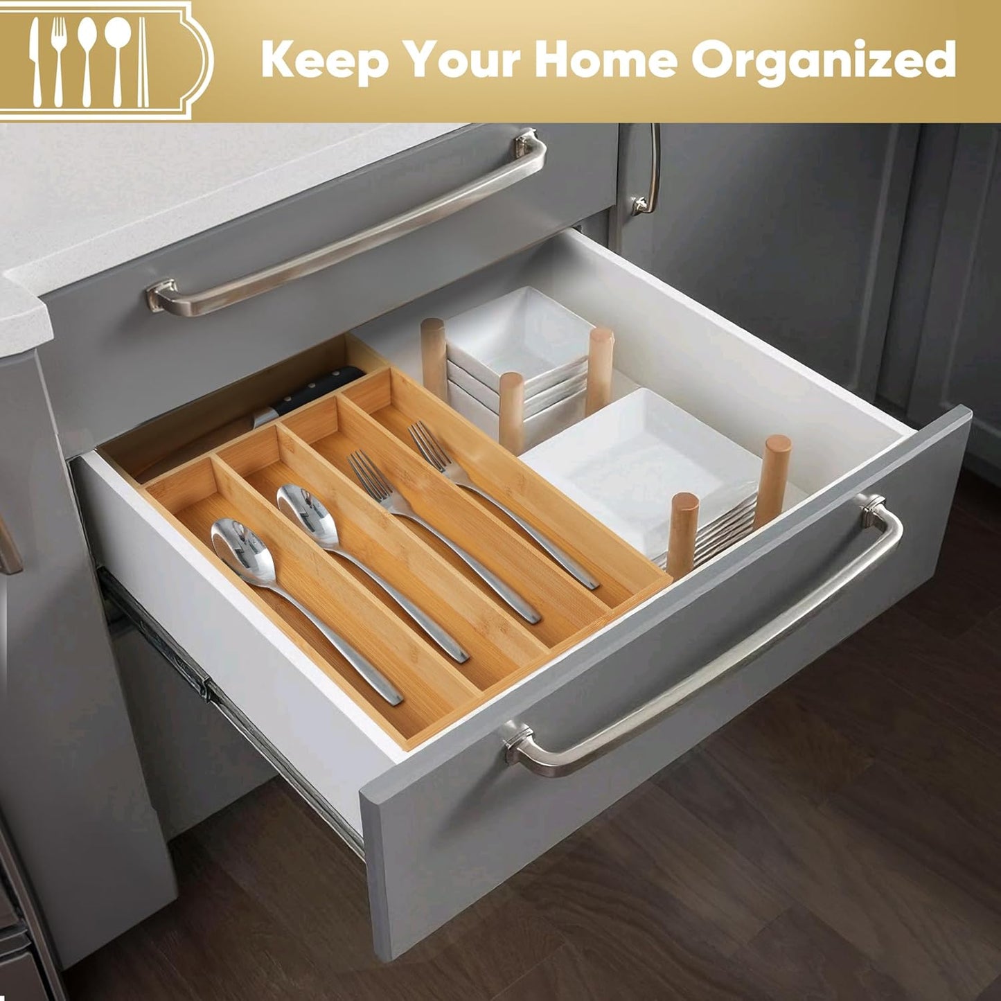 Silverware Organizer, 2 Pack 10 Inch Utensil Organizer Kitchen Drawer Organizer Bamboo Silverware Holder Cutlery Tray Organizer in Drawer Flatware Organizer Tray(5 slots, Natural）