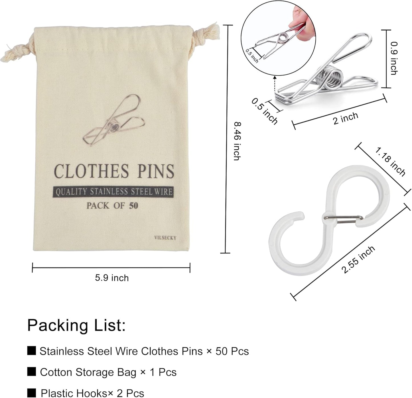 50 Pcs Clothespins Laundry Chip Clips - Durable Stainless Steel Clothes Pins,Heavy Duty Clamp Metal Wire Clothes Pegs with One Storage Bag & 2 Hooks,for Outdoor Clothesline Home Kitchen Office
