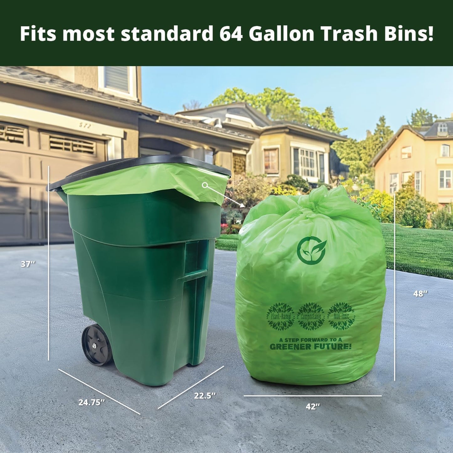 60-64 Gallon Compost bags BPI Certified Compostable Bags Heavy Duty Extra Thick 2 Mil, 242.27 Liter, 12 Bags, Leaf Bag, Lawn, Yard, and Restaurant Use, ASTM D6400, OK Compost Home Certified