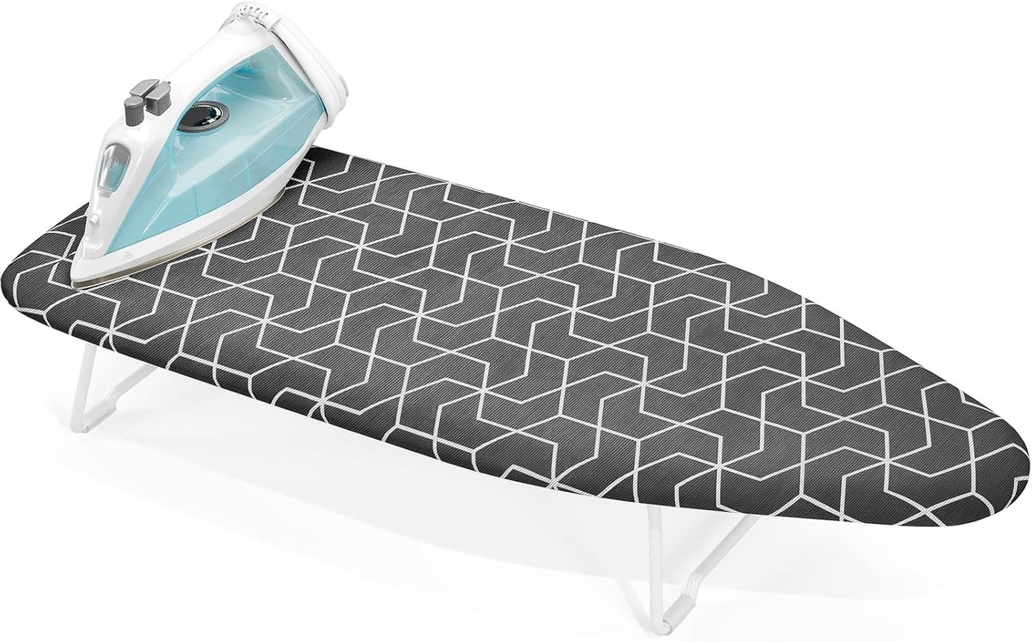 Small ironing board tabletop with heat resistant cover, Compact mini ironing board with metal mesh frame, For dorms, aprtment and travel, Hook for hanging, Iron board 30x12, Iron table stand dark gray