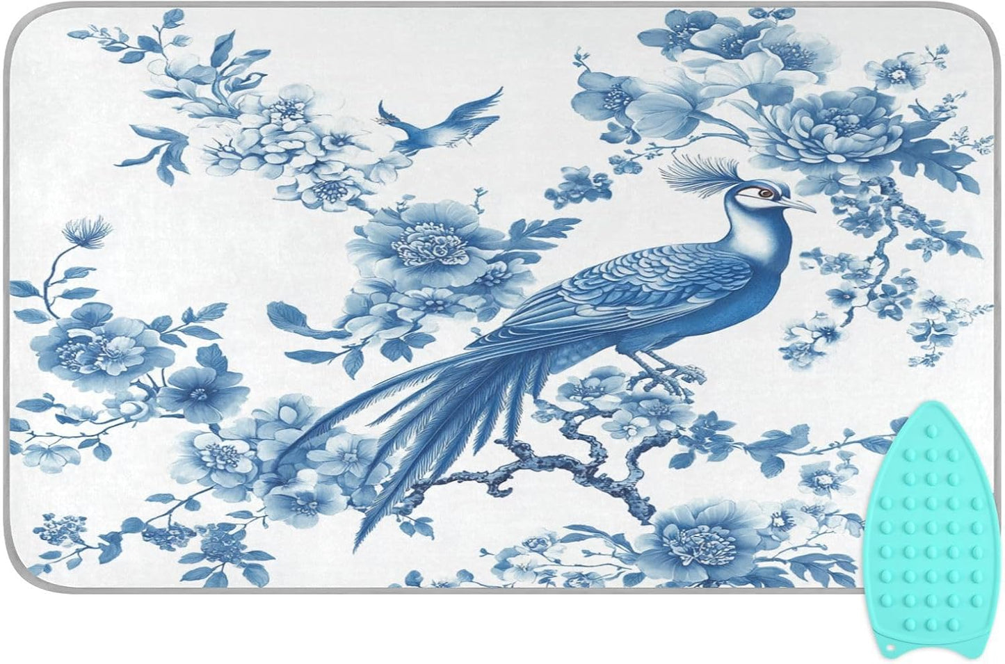 Chinoiserie Flower Peacock Ironing Mat Thickened Ironing Blanket Travel Portable Double-Side Using Ironing Pad Travel Isolate Heat Pad Cover for Washer Dryer Table Top Countertop 27.6x47.2in