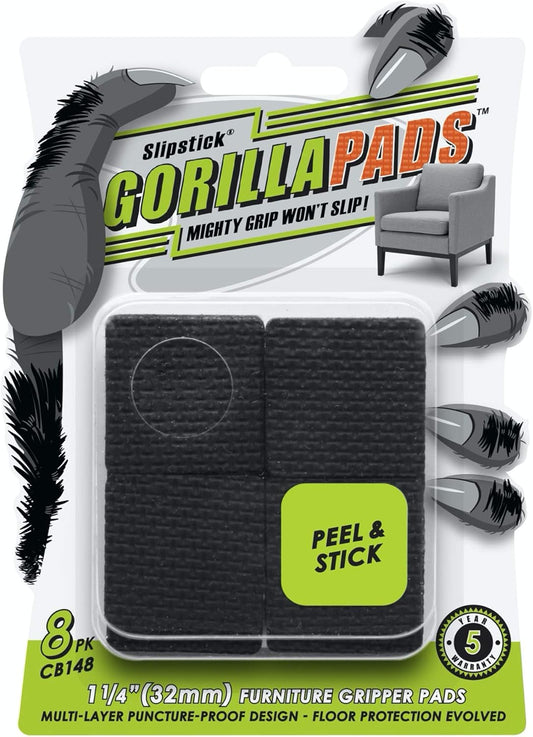 Slipstick GorillaPads CB148 Non Slip Furniture Pads/Rubber Gripper Feet (Set of 8) Self Adhesive Anti-Skid Floor Protectors, 1-1/4 inch Square, Black