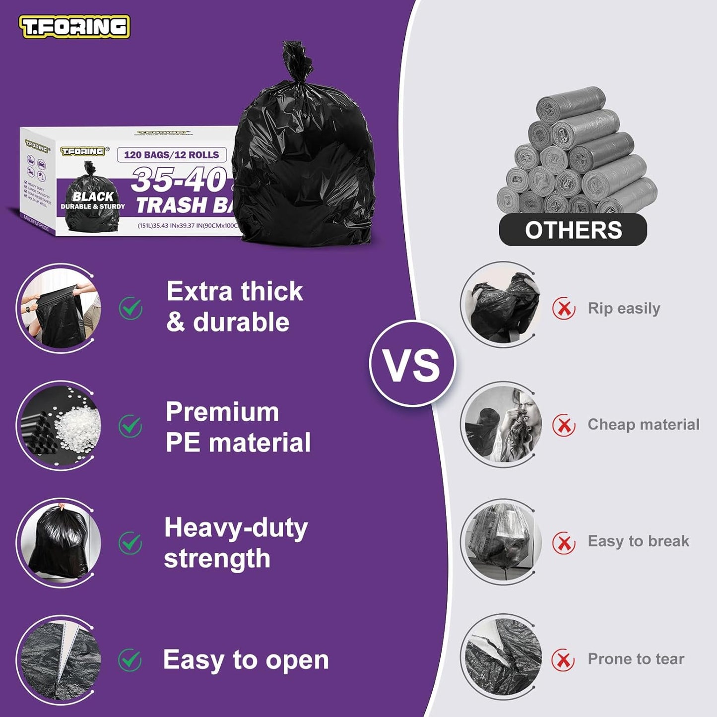 35-40 Gallon Black Trash Bags 120 Count - 35" x 40" Large Garbage Bags, 30+ Gallon Strong Trash Can Liners for Home, Commercial Use,Yard Waste, Bulk