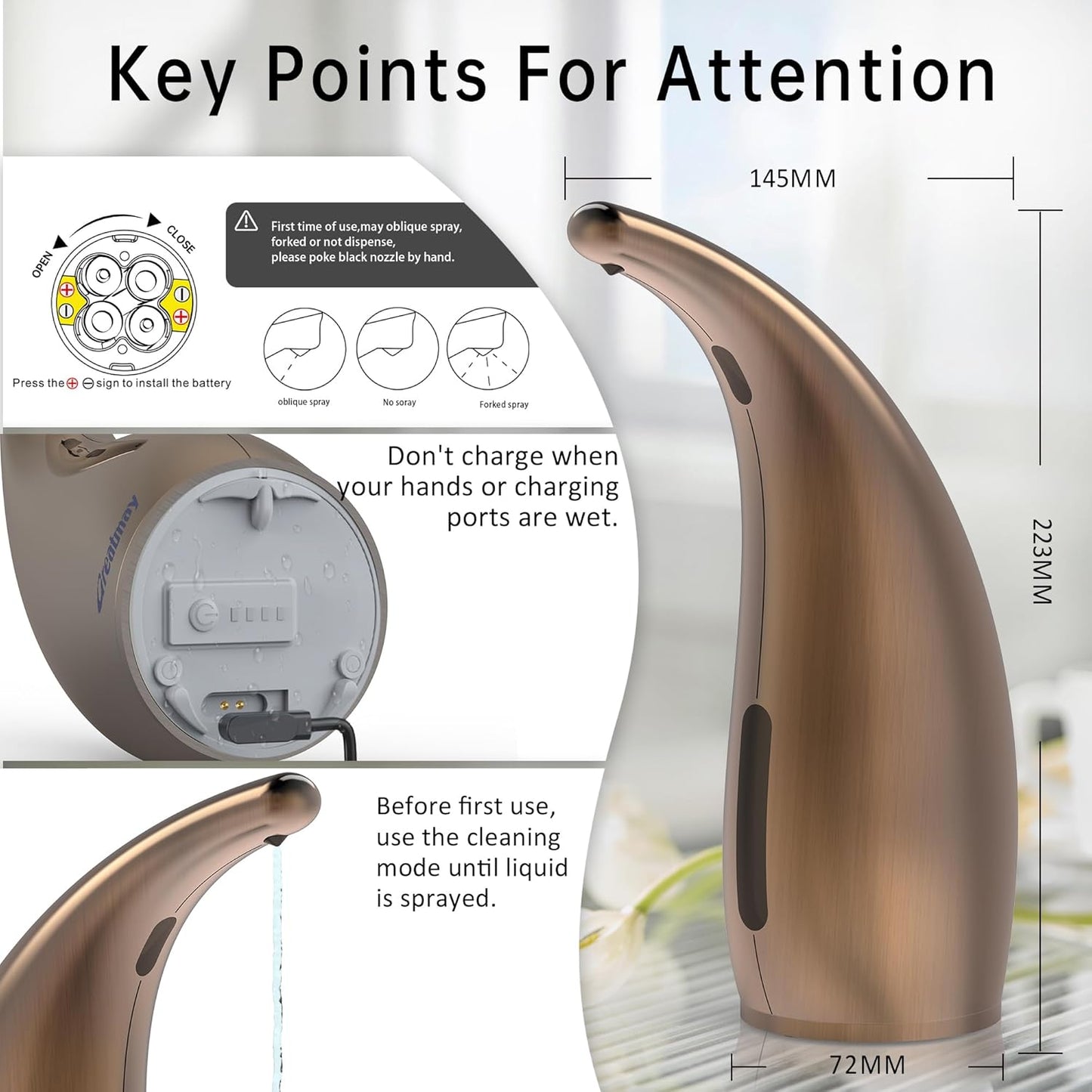 Adjustable Automatic Soap Dispenser Touchless, 4 Adjustable Levels Touchless Sensor Liquid Soap Pump Dispenser，300ml Rechargeable Magnetic Charging Hand Soap Dispenser for Kitchen，Bathroom