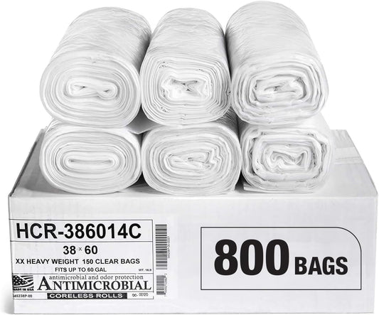 Aluf Plastics High Density Trash Bags, 60 Gallon, 800 Count, 14 Micron (eq), 38" x 60", Clear, for Bathroom, Office, Industrial, Commercial, Janitorial, Municipal, Recycling