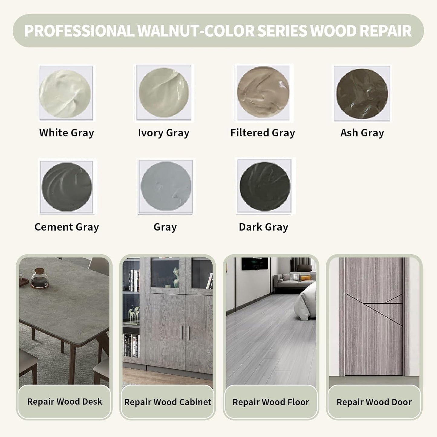 Wood Repair Kit, 13Pcs Wood Fillers, Furniture Repair Kit Scratch Cover for Wood Cracks, Stains, Discoloration for Furniture, Table, Door, Cabinet, Floor Wood Touch Up Wood Stain Paint, Gray