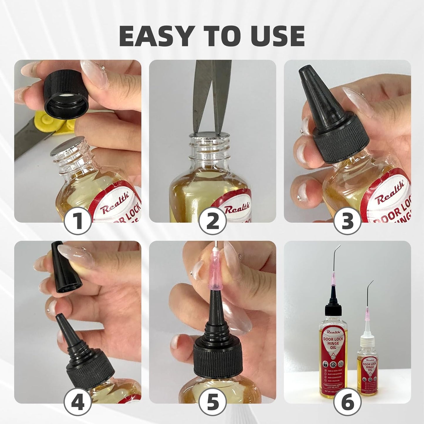 Realth Squeaky Door Hinges Lubricant -Garage Door Lube for Metal Parts, Locks, Chains, Keyholes - Long-Lasting, Non-Toxic, Rust-Resistant Liquid Oil with Precision Oiler Needle (100ml*2Pack)