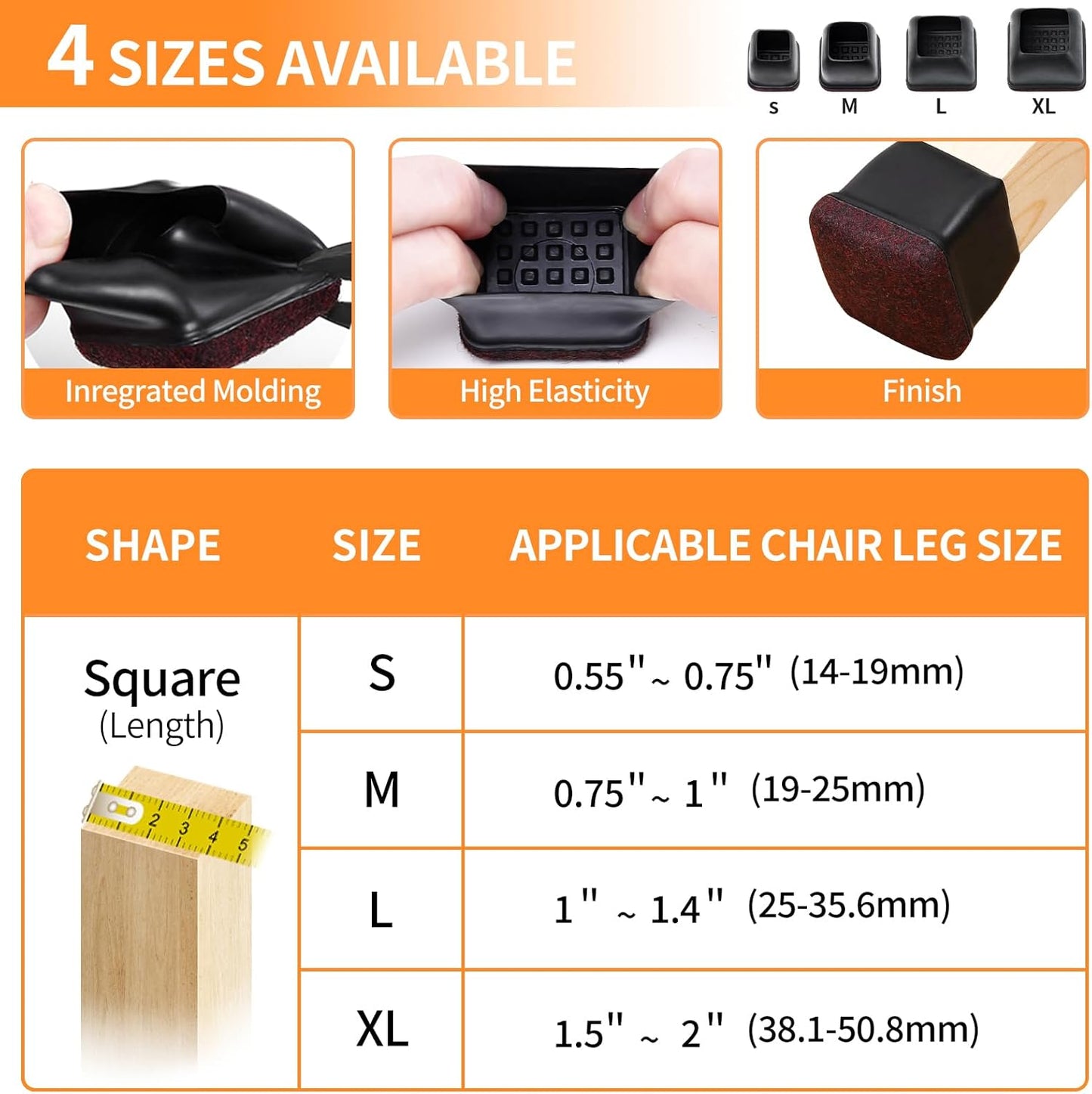 Ezprotekt 24 Pcs Black Square Chair Leg Floor Protectors with Felt, Silicone Felt Furniture Pads Cups for Hardwood Floor, Dining Table Leg Caps Covers No Scratches and Noise (M Fit: 0.75" - 1")