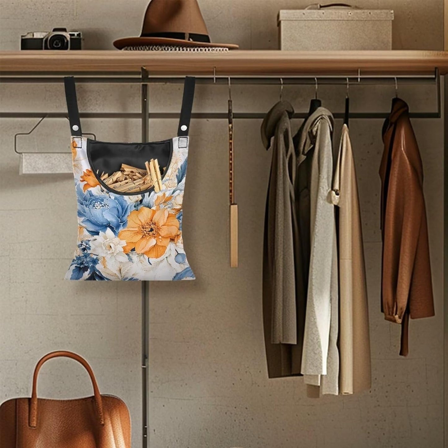 Art Flowers Clothespin Bag with Hanging Hook Summer Laundry Clothes Pin Holders Waterproof Clothes Pin Hanging Bag Clothespin Storage Organizer with Large Opening