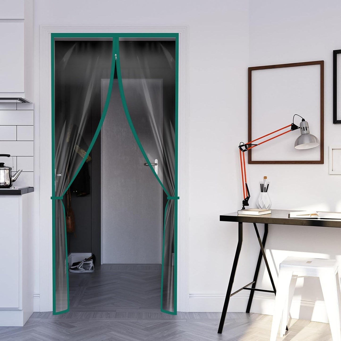 Amylove Zipper 48 x 87 Inch Dust Barrier Kit Green Edged Temporary Construction Door Barrier 4 x 7.25 ft Reusable Plastic Curtain Cover Containment Doorway Wall Screen Sheeting for Bathroom Hallway