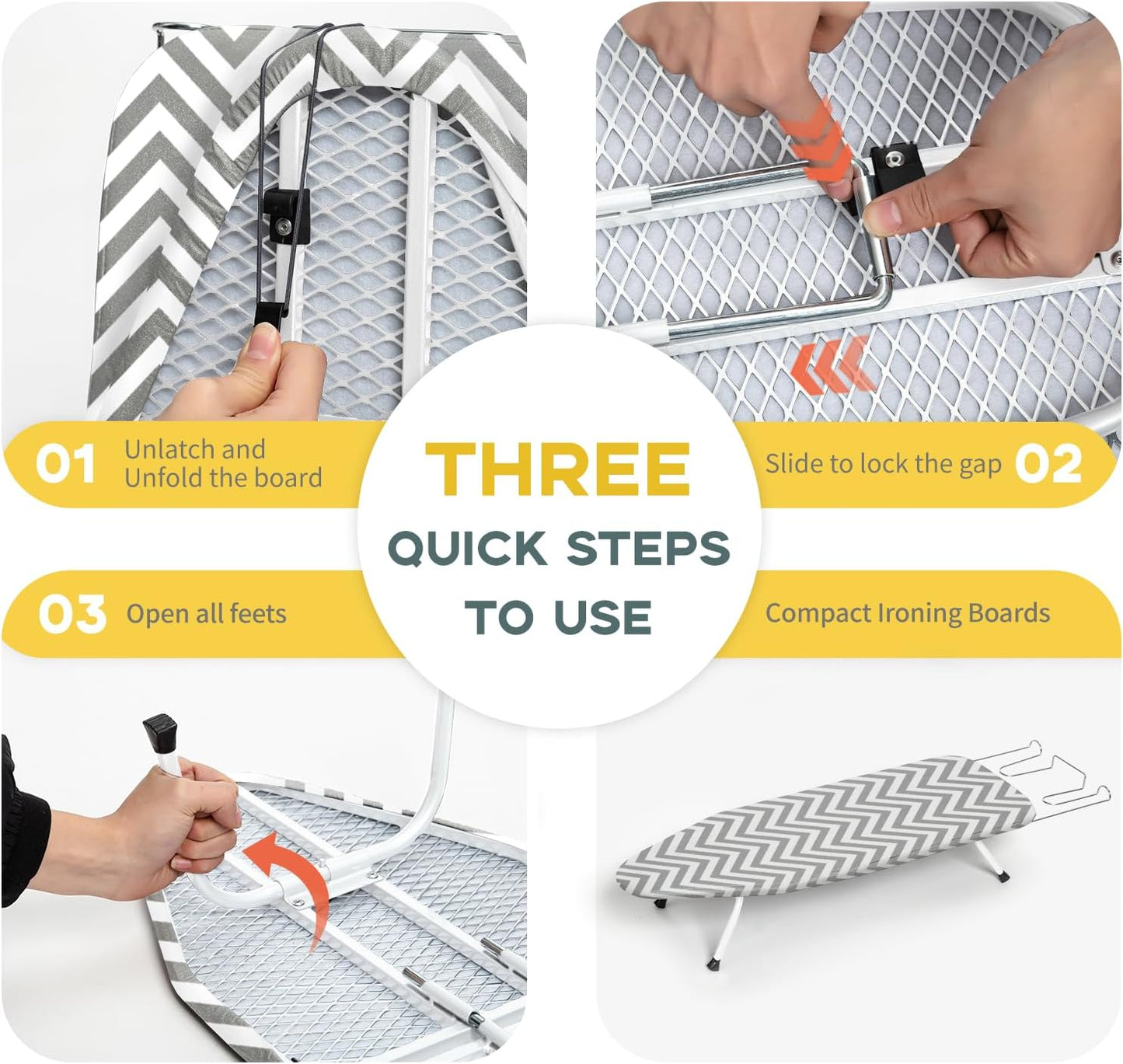 Folding Ironing Board for Small Space, RAINHOL Mini Collapsible Ironing Boards, with Hook, Iron Rest, Heat-Resistant 100% Cotton Cover and Pad, Gray and White Stripes, 31" x 12", Steel Mesh
