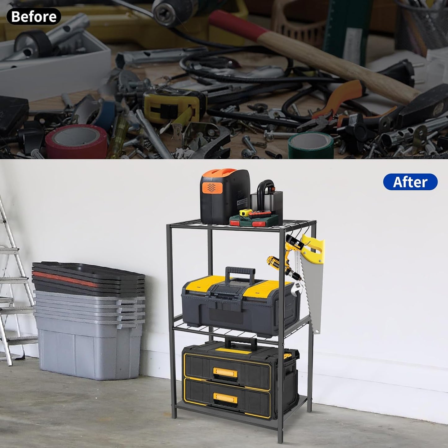 Garden Tool Organizer - Yard Tool Storage and Organizers, Utility Rack with 3 Hooks, Garden Yard Tool Stand Tower Racks, Tool Holder for Broom, Shovel, Rake, Mop, Garage Organization, Black