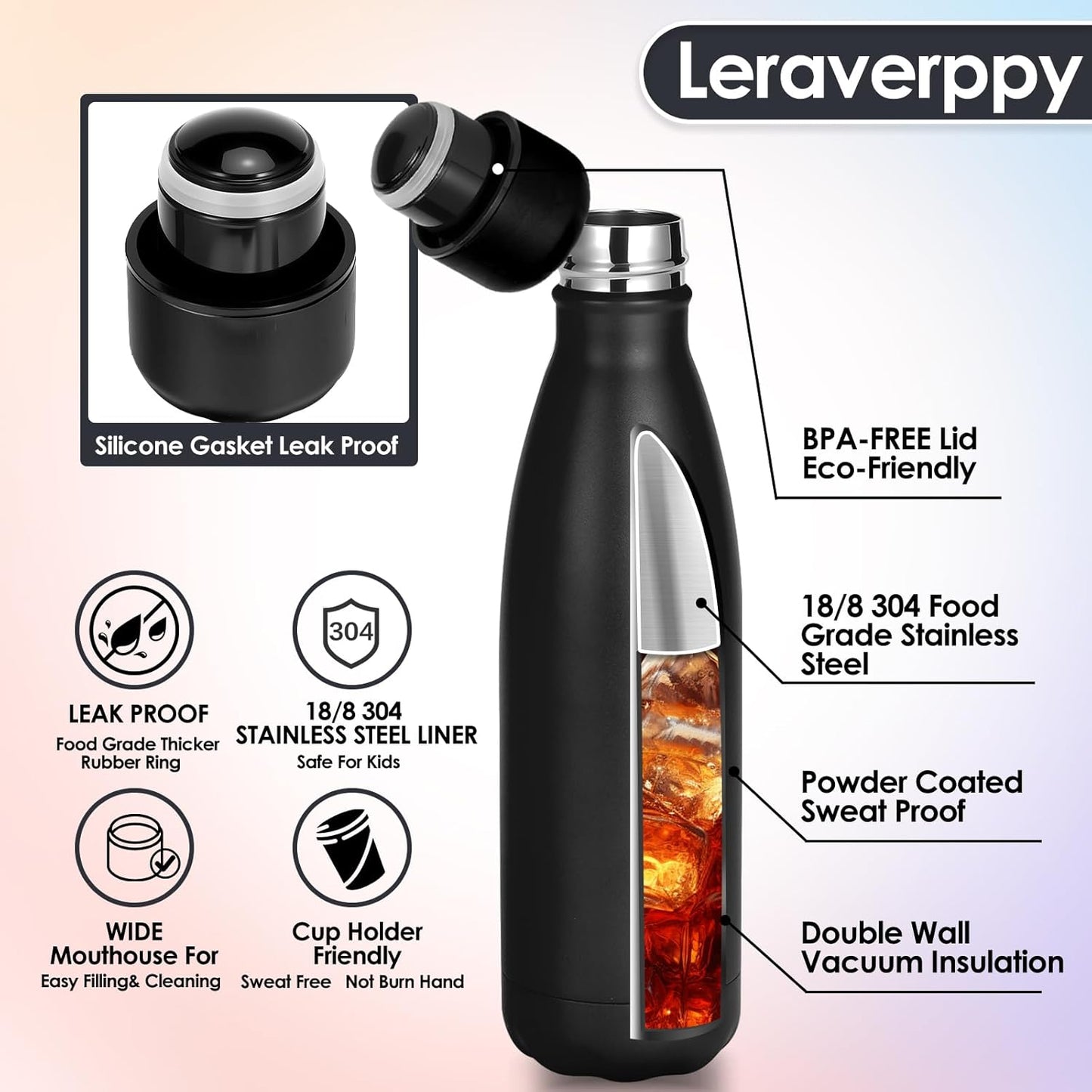 25oz Cola-Bottle Shaped Stainless Steel Leak-proof Water Bottle,Double Wall Vacuum Insulated Metal,Travel Mug For Sports Indoors & Outdoors,BPA-Free School Kids Flasks,Black(1 Pack)