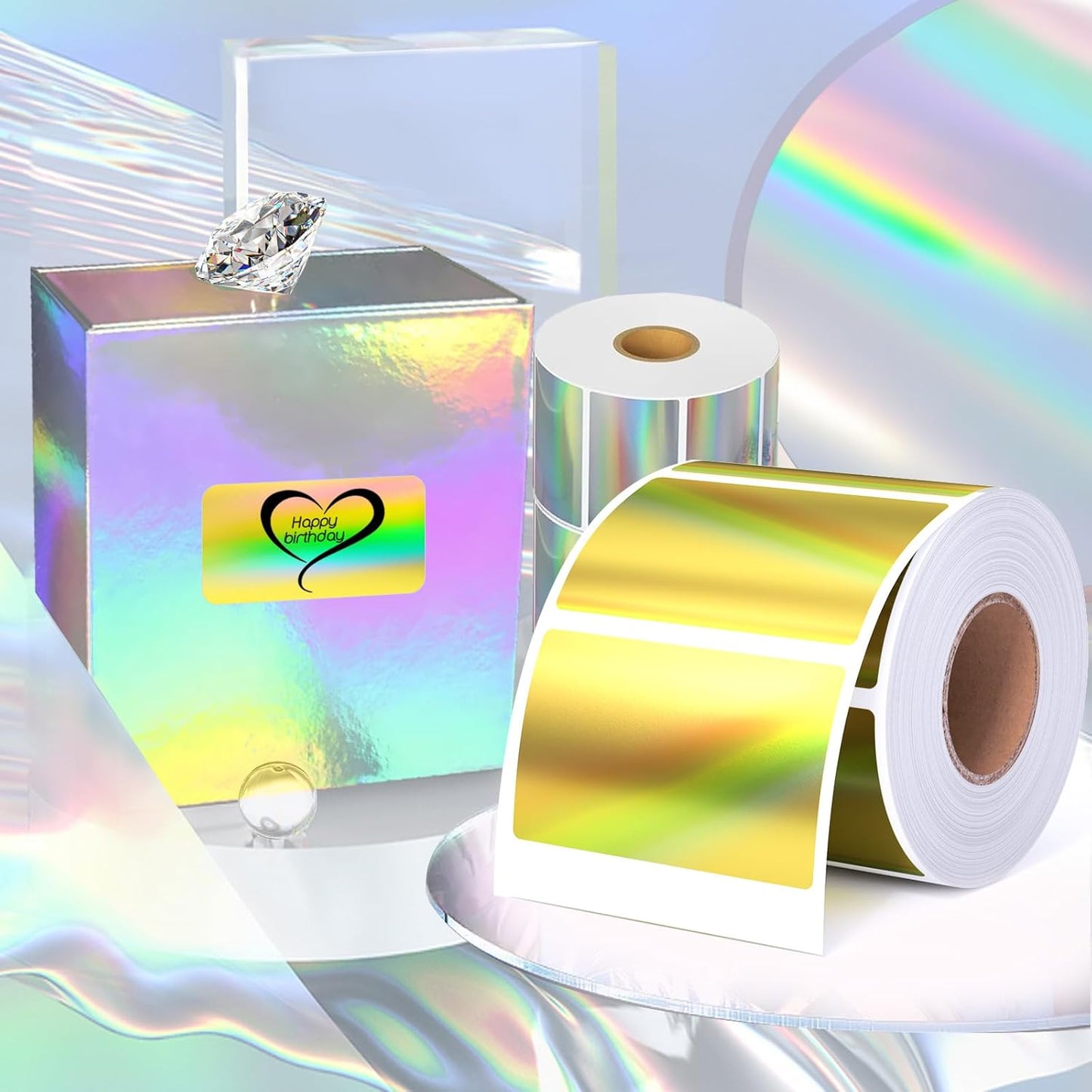 Thermal Sticker Labels 2.25 x 1.25, 500 Gold Holographic Printable Thermal Stickers for Logo Stickers, Name Tag, Thanks You Card, QR, FNSKU, Compatible with Thermal Label Printer