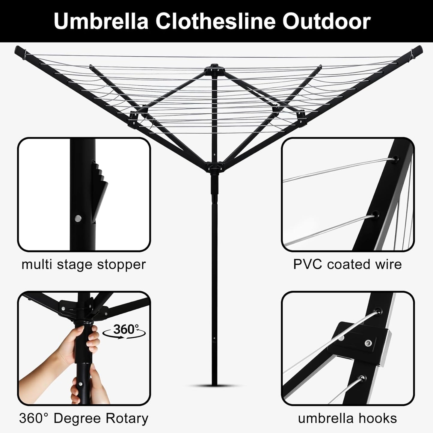 Umbrella Clothesline Outdoor with 40 Pegs, 4 Arms 12 Lines Rotary Clothesline Folding Clothes Drying Rack, 165 Ft Heavy Duty Clothes Line Outdoors for Backyard, Garden