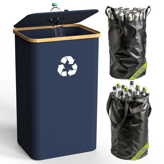 Recycling Bin for Kitchen Indoor Home, Large 100L/ 26 Gallon Recycle Bin with Lid Removeable Reusable Inner Bag Bottle Can Glass Waste Plastice Stickers (Blue, 26 Gallon)