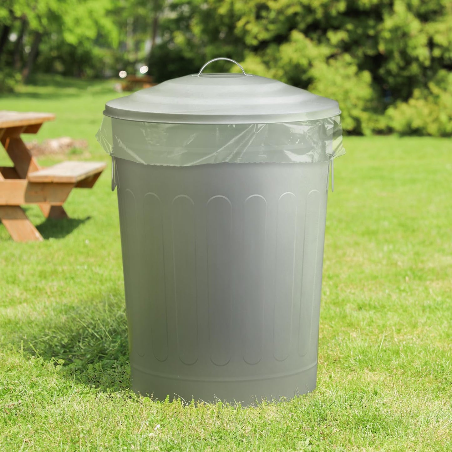 Plexon Round Trash Can 13 Gallon, Vintage Metal Outdoor Trash Can with Lid, Retro Farmhouse Garbage Container, Old School Modern Ash Bucket, Gray 6 Pack