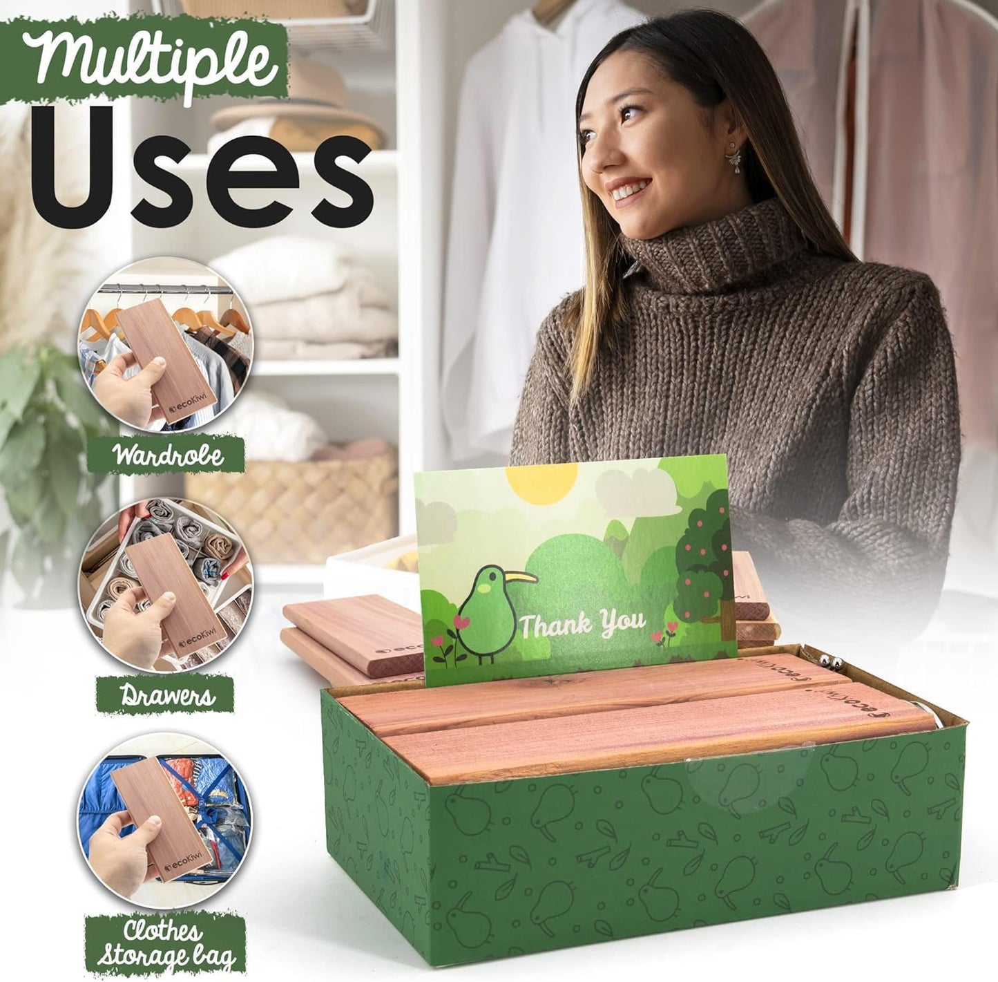 ecoKiwi Cedar Blocks for Clothes Storage - 10 Pack Hang Ups - 100% Natural Aromatic Cedar Planks for Closets and Drawers - Cedar Wood Hangers Balls Chips with Sandpaper - Cedarwood Scented Freshener